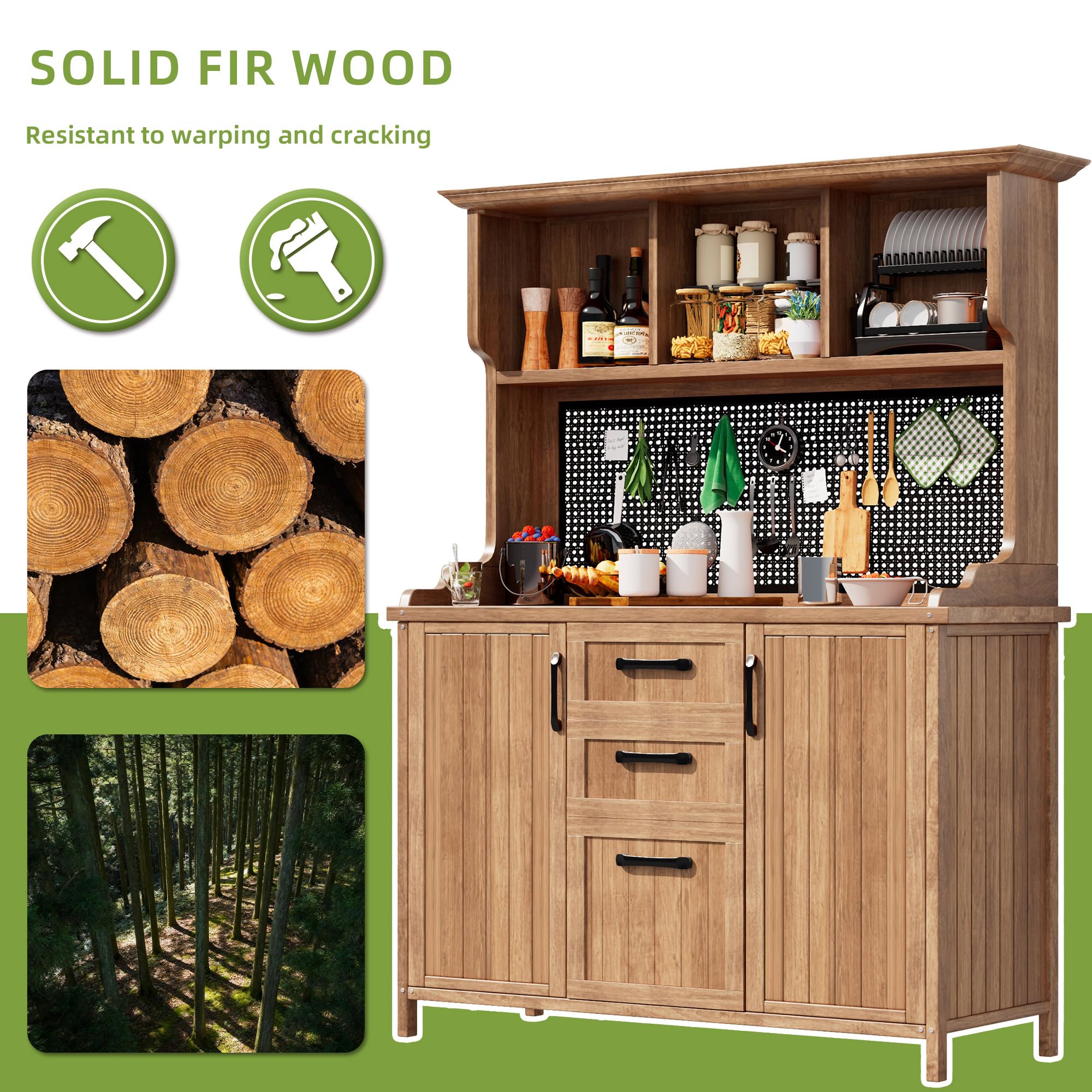 Merax Outdoor Storage Cabinet, Solid Wood, Natural, 120x50x185.1cm, 47kg, Rustic, with 3 Drawers and Metal Pegboard — view 6