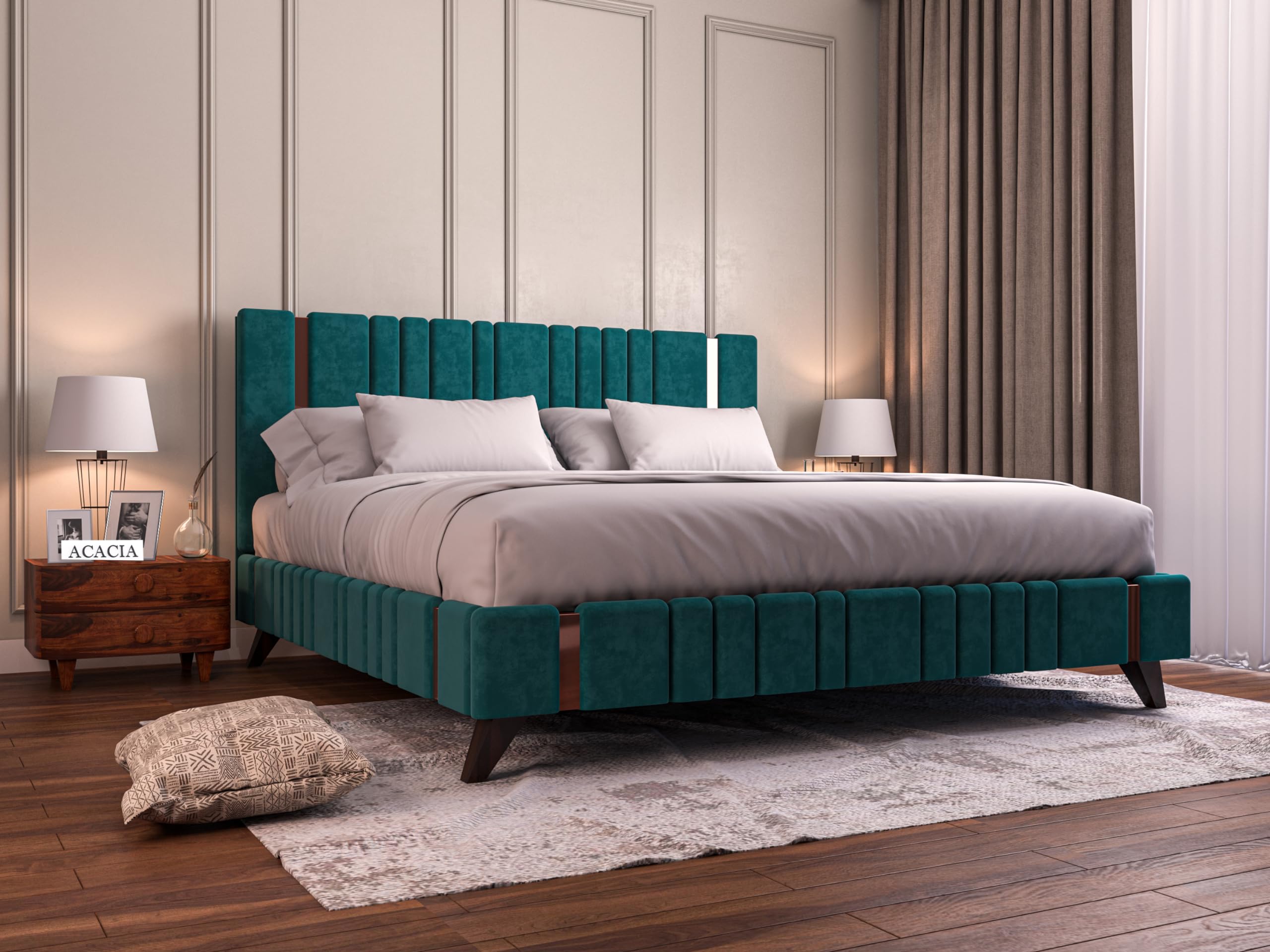 Acacia Modern Upholstered King Size Bed Sheesham Solid Wood