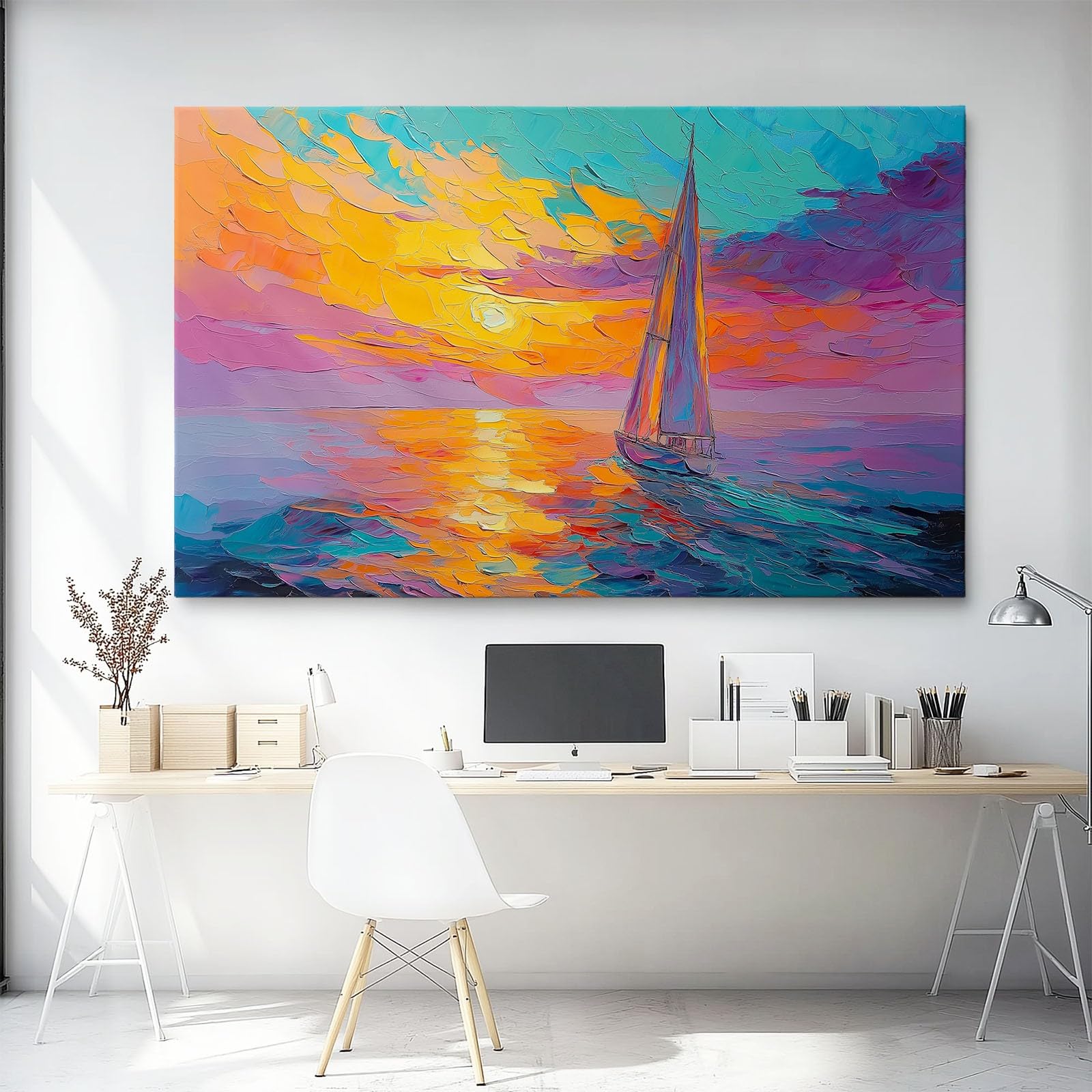 Bilder Ölgemälde Sonnenuntergang Segelboot auf dem Meer 1 Teilig Leinwandbilder Bunt Bild auf Leinwand Vlies Wandbild Kunstdruck Wanddeko Wand Wohnzimmer Wanddekoration120L x 50B cm Ungerahmt