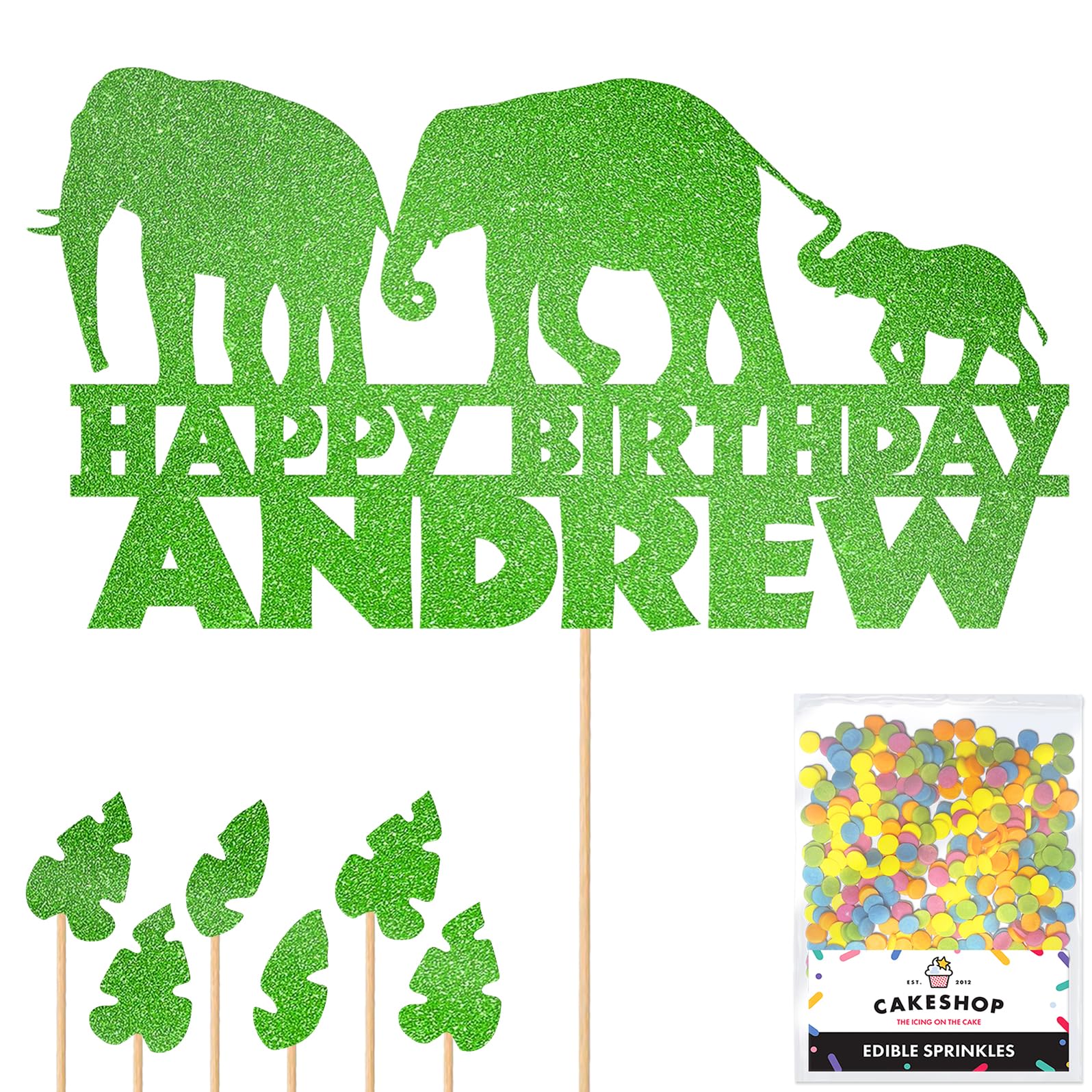Personalised Jungle Elephant Glitter Cake Topper- Green Any Custom Age & Name Glitter Cake Decoration and Sprinkles - Happy Birthday Decorations - Personalised Toppers for Cakes by Cakeshop — image 1