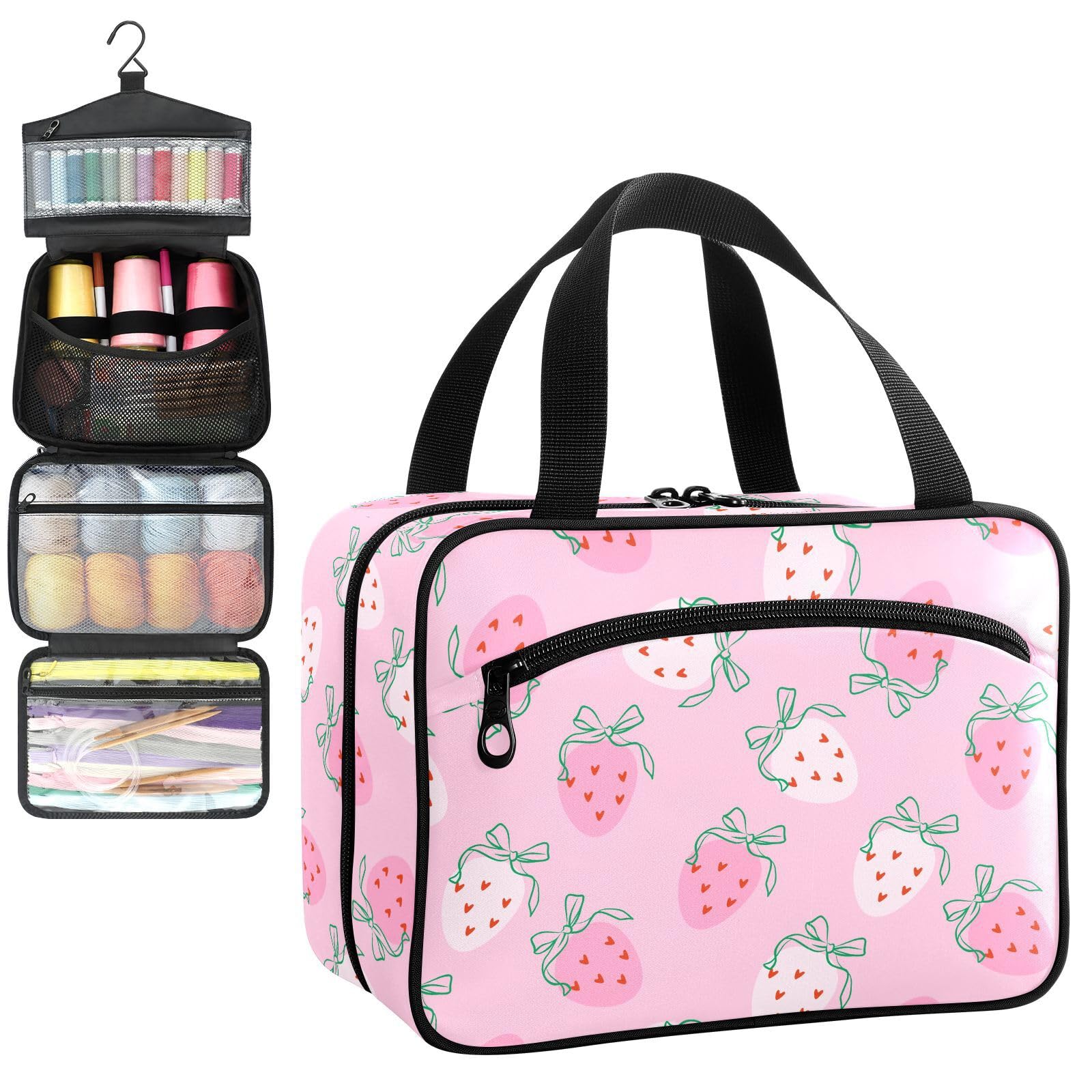 YNNALE Sewing Supply Organizer Bag, Cute Red Heart Strawberry with Bow Portable Sewing Bags with Pockets&Hanger, Sewing Storage Box Case for Sew Supplies/Kit/Tools/Accessories (BAG ONLY)