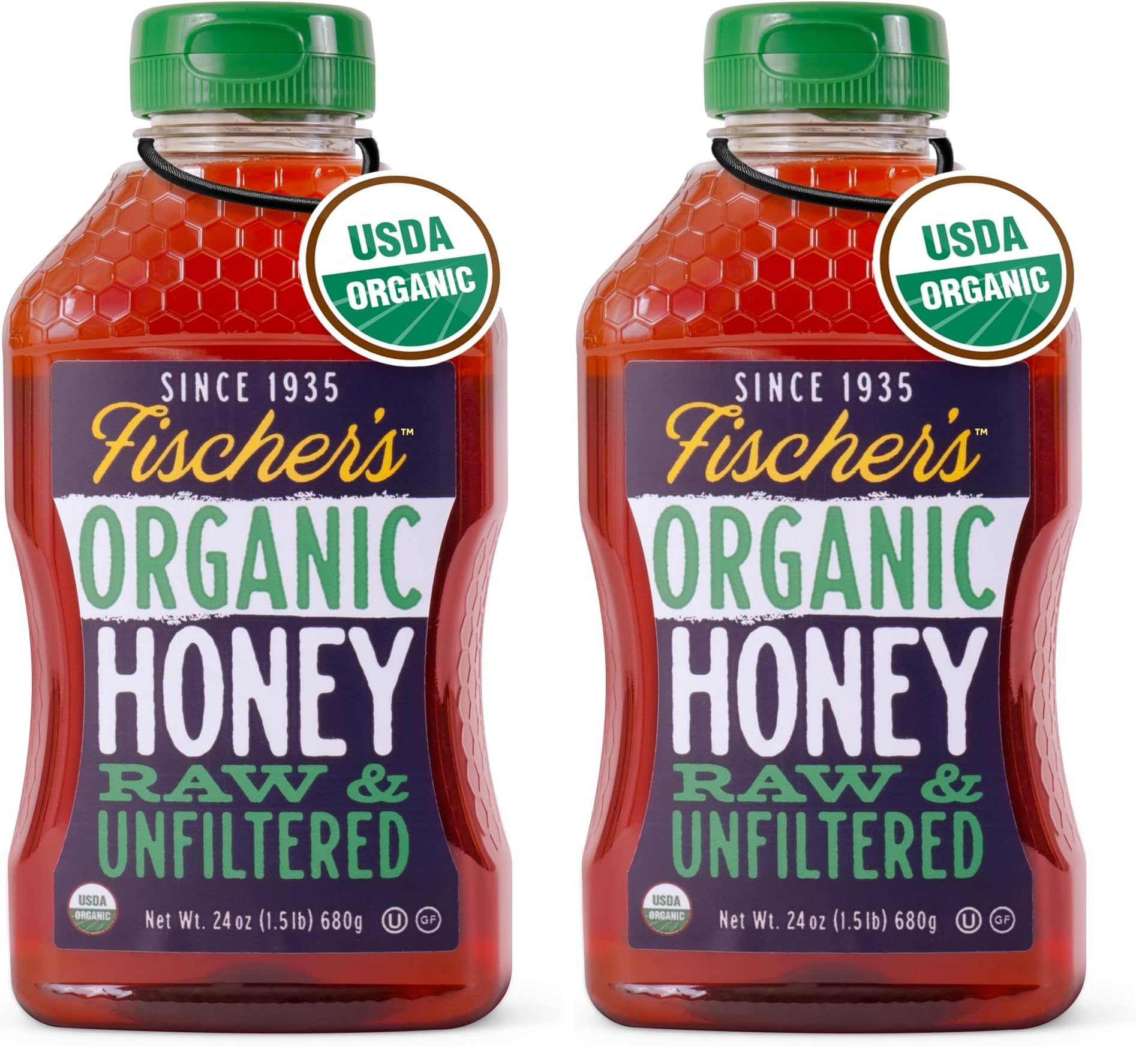 Fischer’s 100% Organic Honey, USDA Certified, 24 oz Squeeze Bottle – Pure, Unfiltered, Raw Honey – All-Natural Sweetener – Rich Flavor Profile, Natural Honey Packed with Nutrients (Pack of 2)
