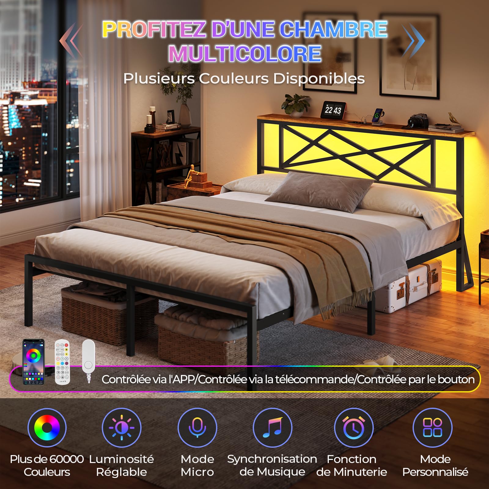 DICTAC Lit Double 140x190 en Métal, Lits avec tête LED et 2Ports USB et Prise de Courant, Cadre de lit sommier 140x190 en métal avec Étagères de Rangement, 32cm Espace de Rangement,Marron Vintage