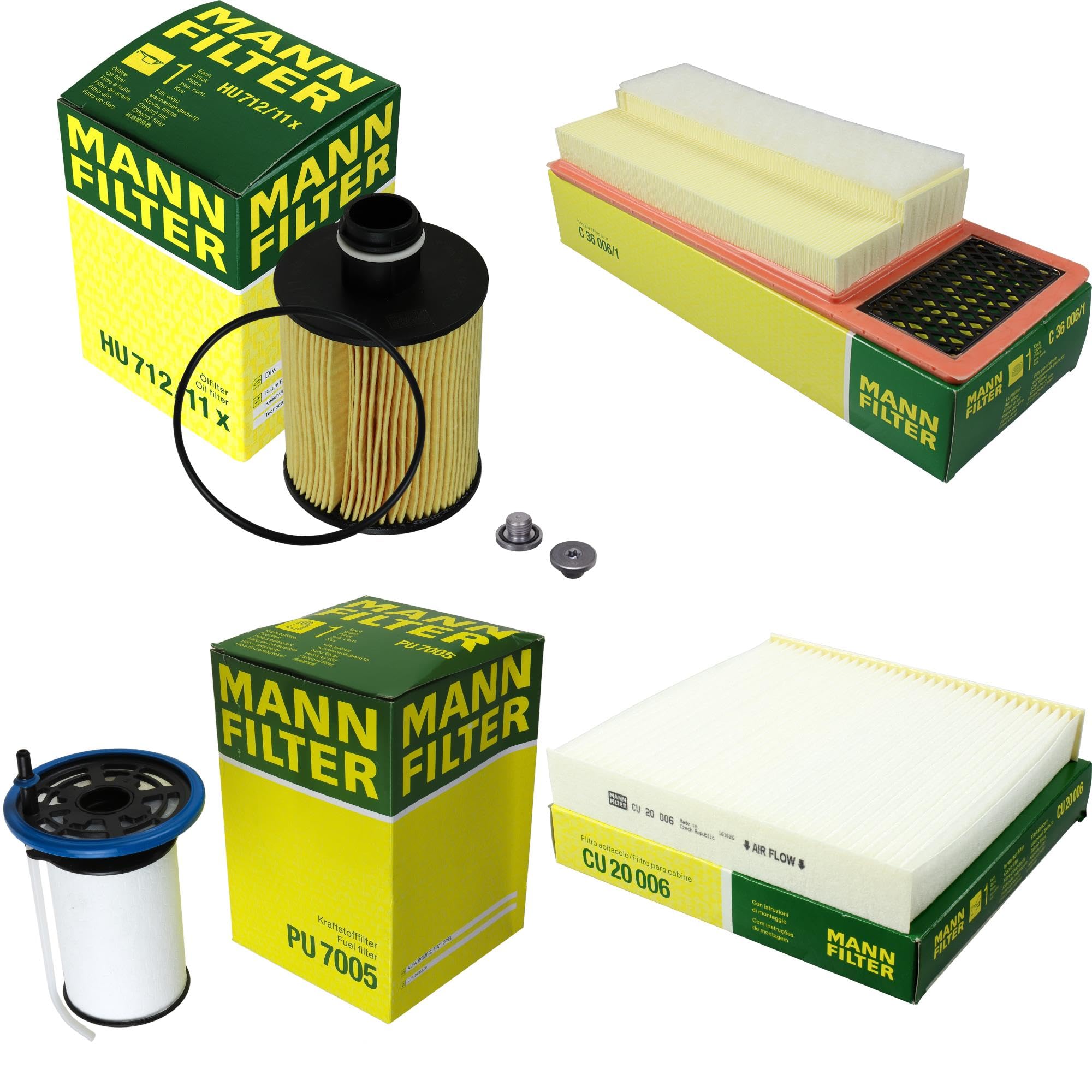 Paquete de inspección Kit de mantenimiento de filtros con filtro de aceite HU 712/11 x, filtro de aire C 36 006/1, filtro de combustible PU 7005, filtro de habitáculo CU 20 006, tornillo de