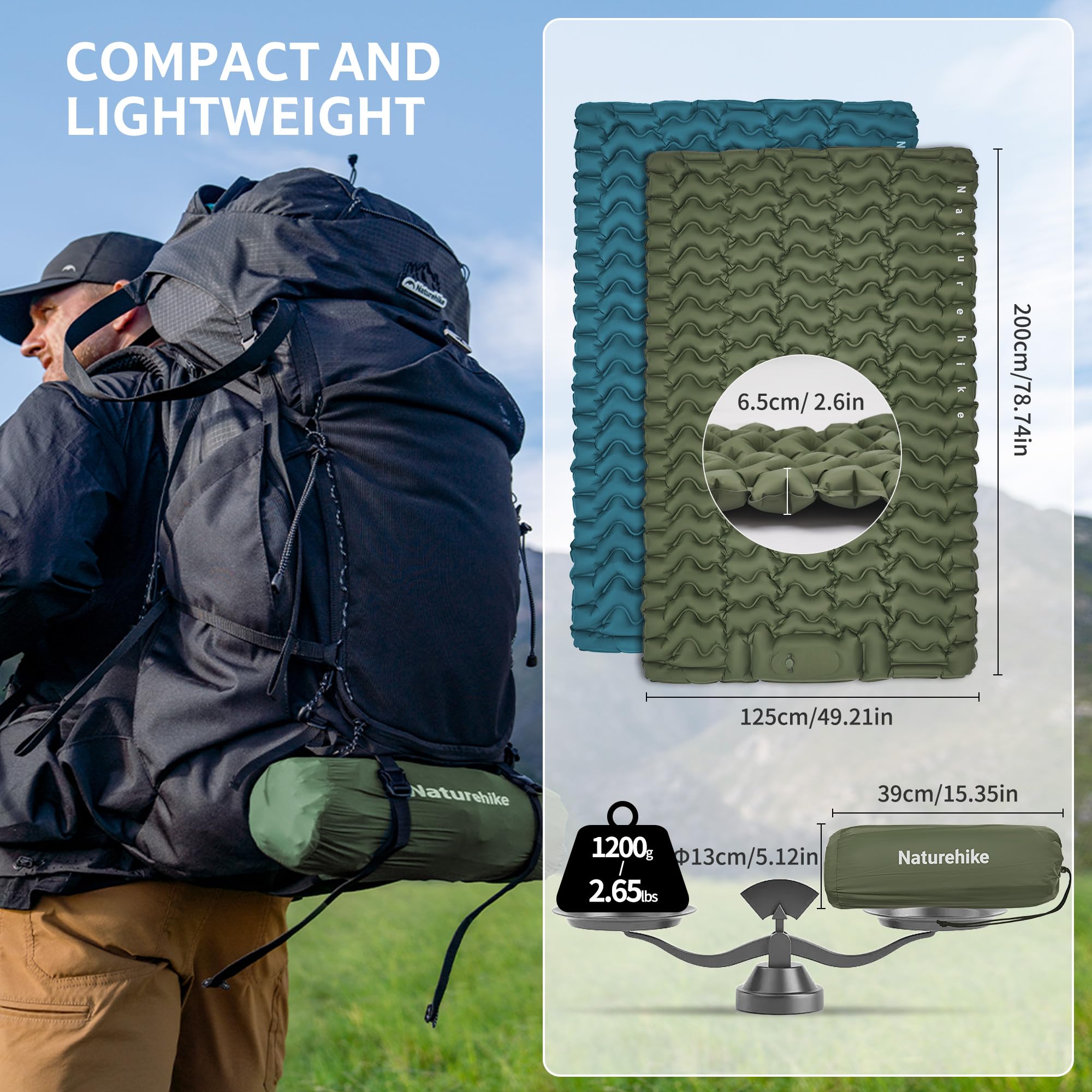 Naturehike Colchoneta de dormir para camping, ultraligera con almohada integrada con bomba de pie