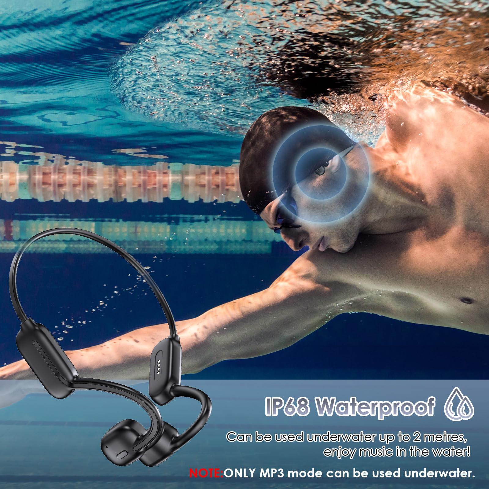 Casque Conduction Osseuse Casque Natation Bluetooth 5.3 Étanche IP68 32G Stockage 150mAh Flexible Casque Bluetooth sans Fil pour Natation Course à Pied Sport Travail