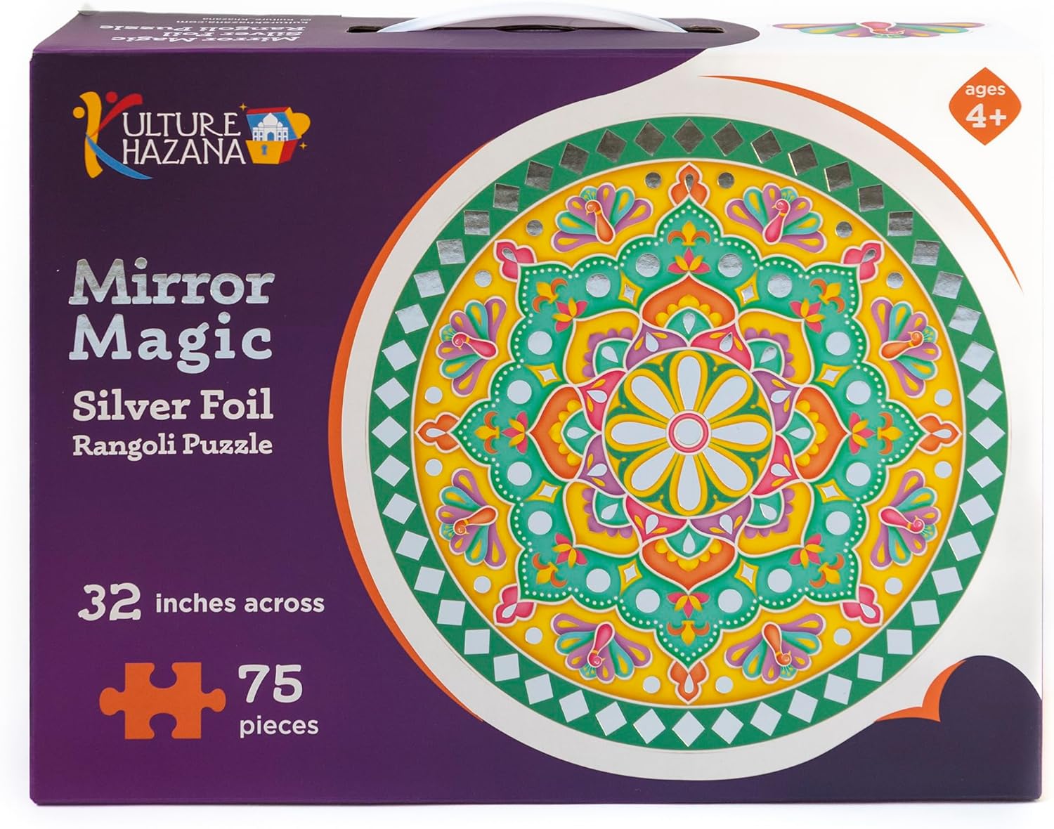 Kulture Khazana: Mirror Magic - 75pc Floor Puzzle, Silver Foil Rangoli, 32" Round Jigsaw, Indian Art, Diwali-Holi-Festivals Decoration, Kids Ages 4+