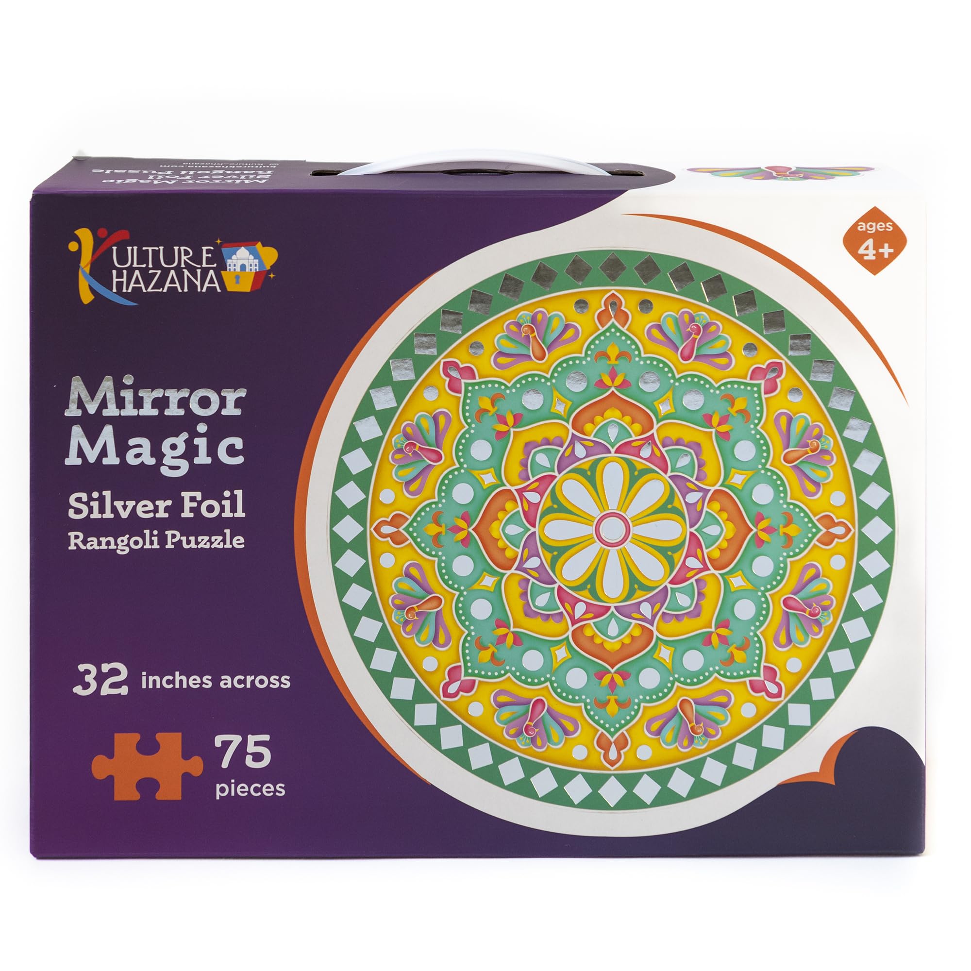 Kulture Khazana: Mirror Magic - 75pc Floor Puzzle, Silver Foil Rangoli, 32" Round Jigsaw, Indian Art, Diwali-Holi-Festivals Decoration, Kids Ages 4+