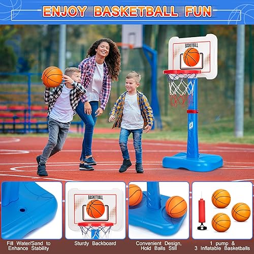 Miniatura 4 de Juego de aro de baloncesto 3 en 1 y pelota en T, altura ajustable, juego de baloncesto para niños, camiseta colgante, juguetes deportivos para