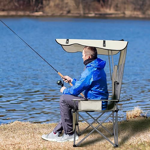 Miniatura 6 de PLKO Sillas de camping con toldo, silla de césped portátil cuádruple para adultos, silla reclinable plegable con portavasos para eventos al aire