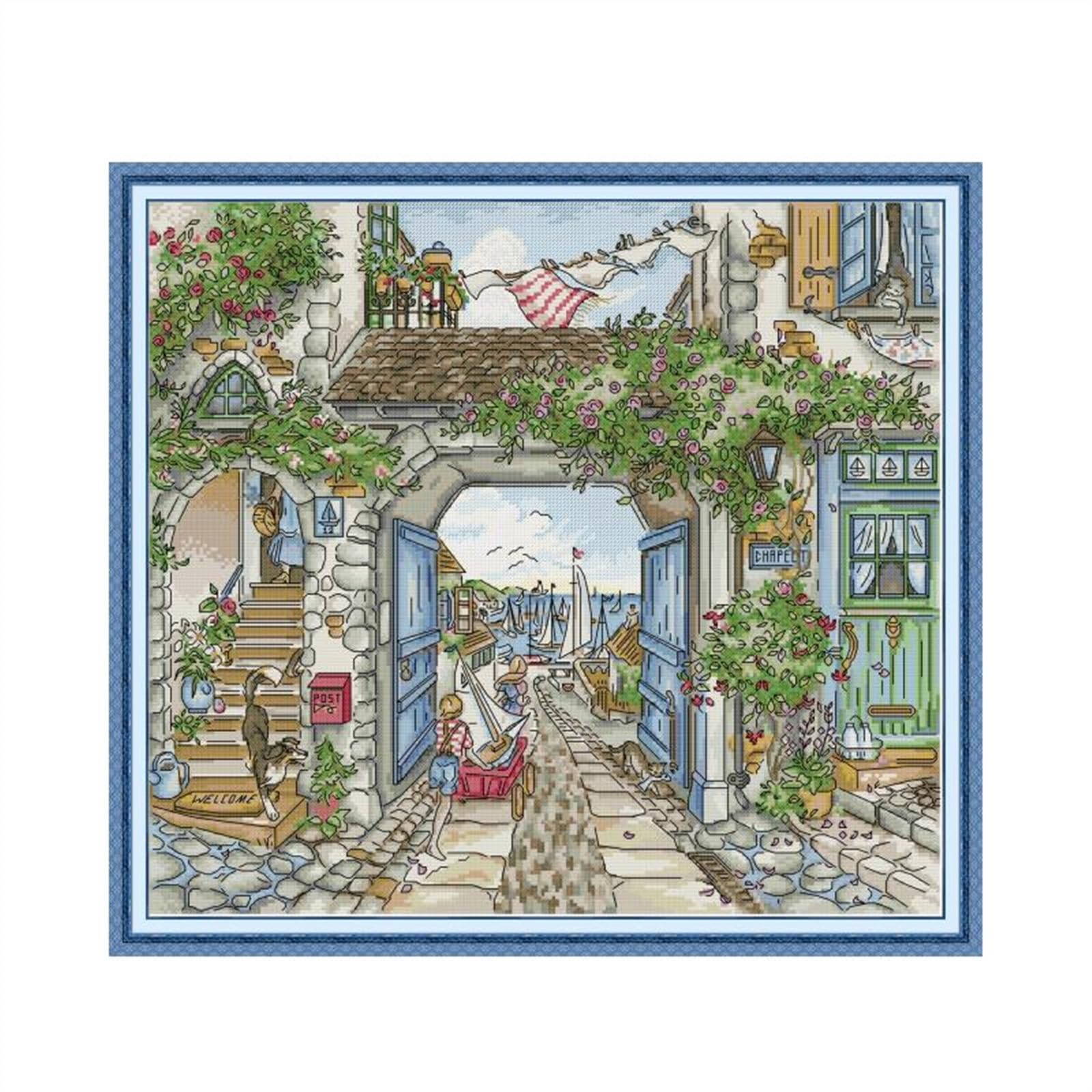 Broderie point de croix paysage de port pour décoration de salon