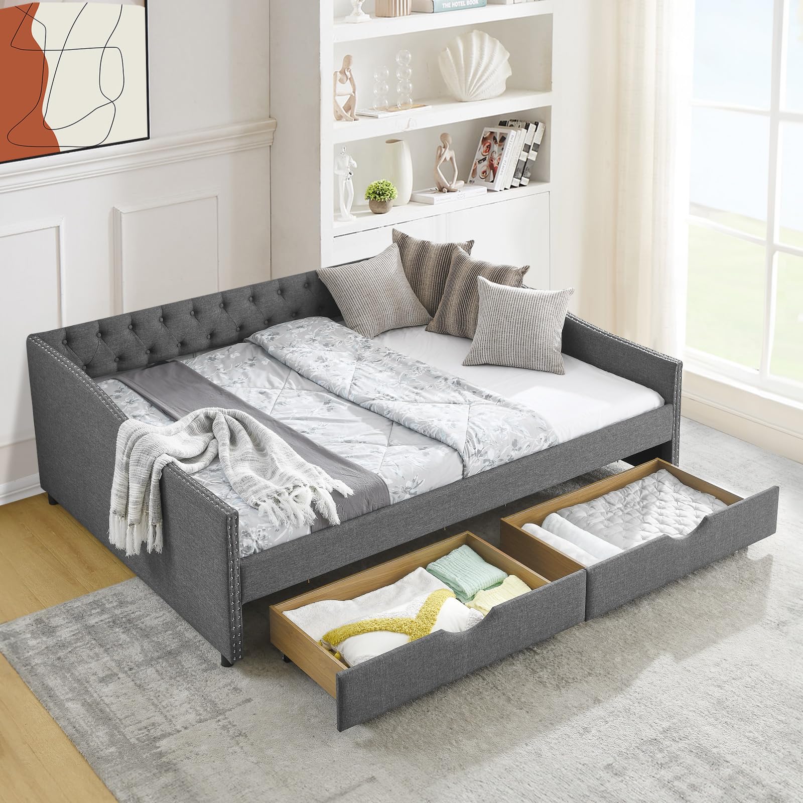 JEEOHEY Queen Daybed with Storage Drawers in Dark Grey