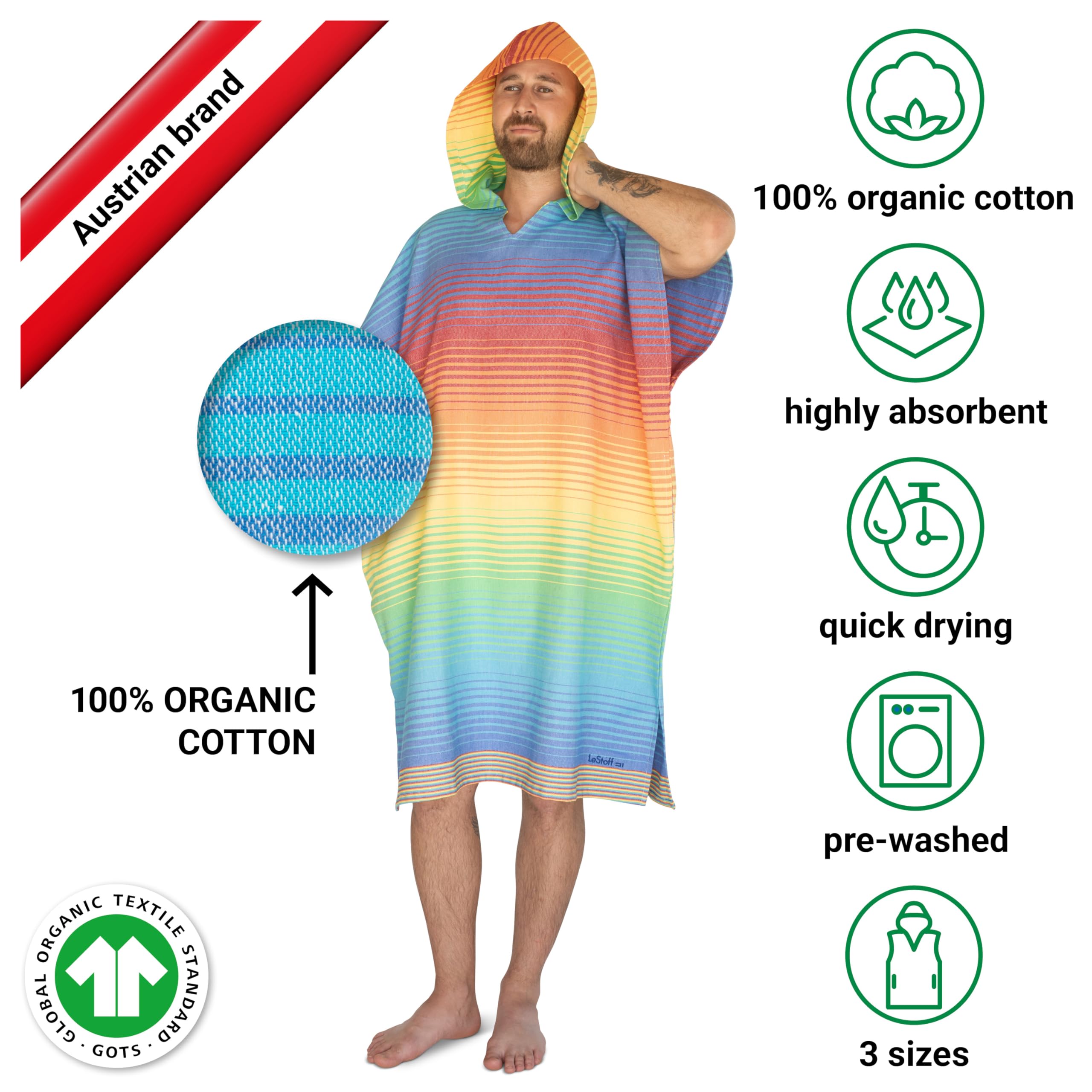 LeStoff Poncho surfingowe, 100% bawełna organiczna, Tęczowy, S/M