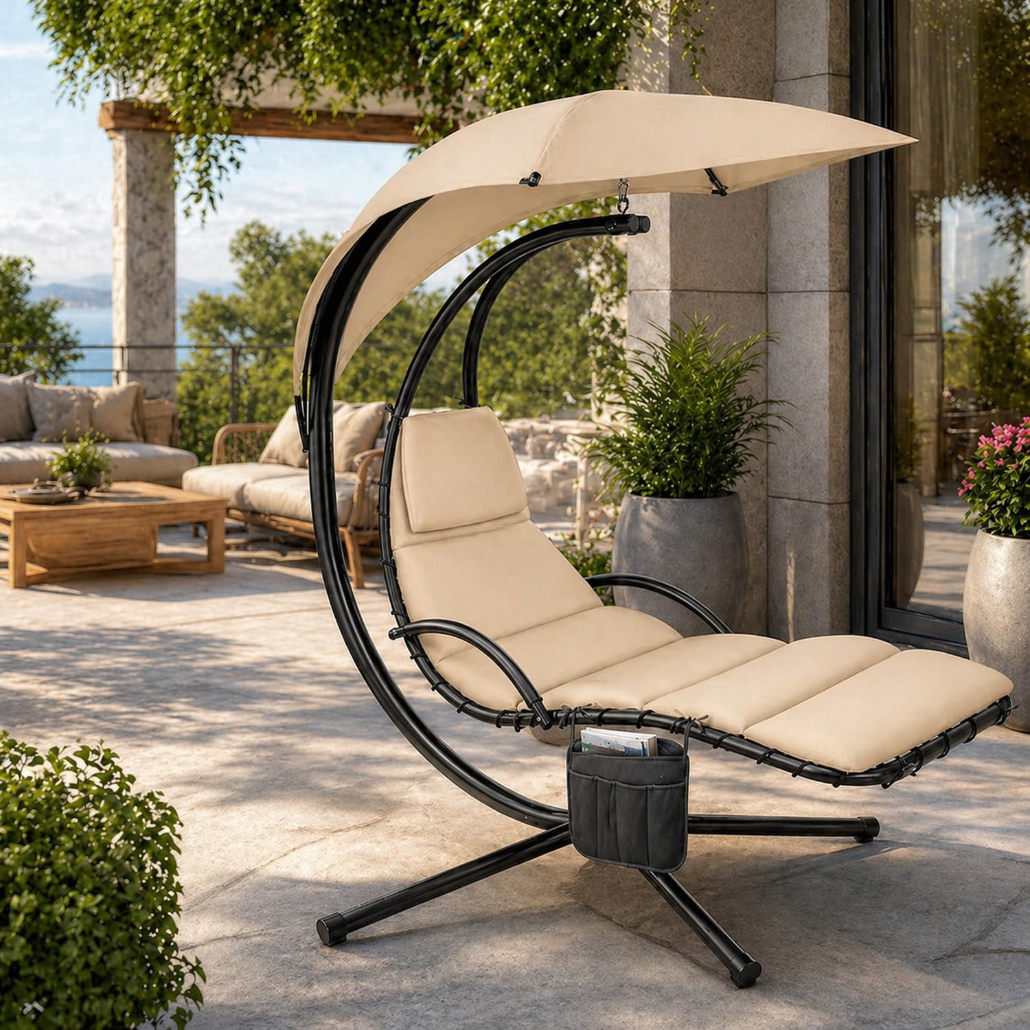 BRICOZONE Sdraio A Dondolo Con Ombrellone Parasole Integrato Cuscino Imbottito Amaca Da Giardino In Acciaio E Poliestere Per Esterno Terrazzo Bordo Piscina 195 x 132 x 197 Cm Beige