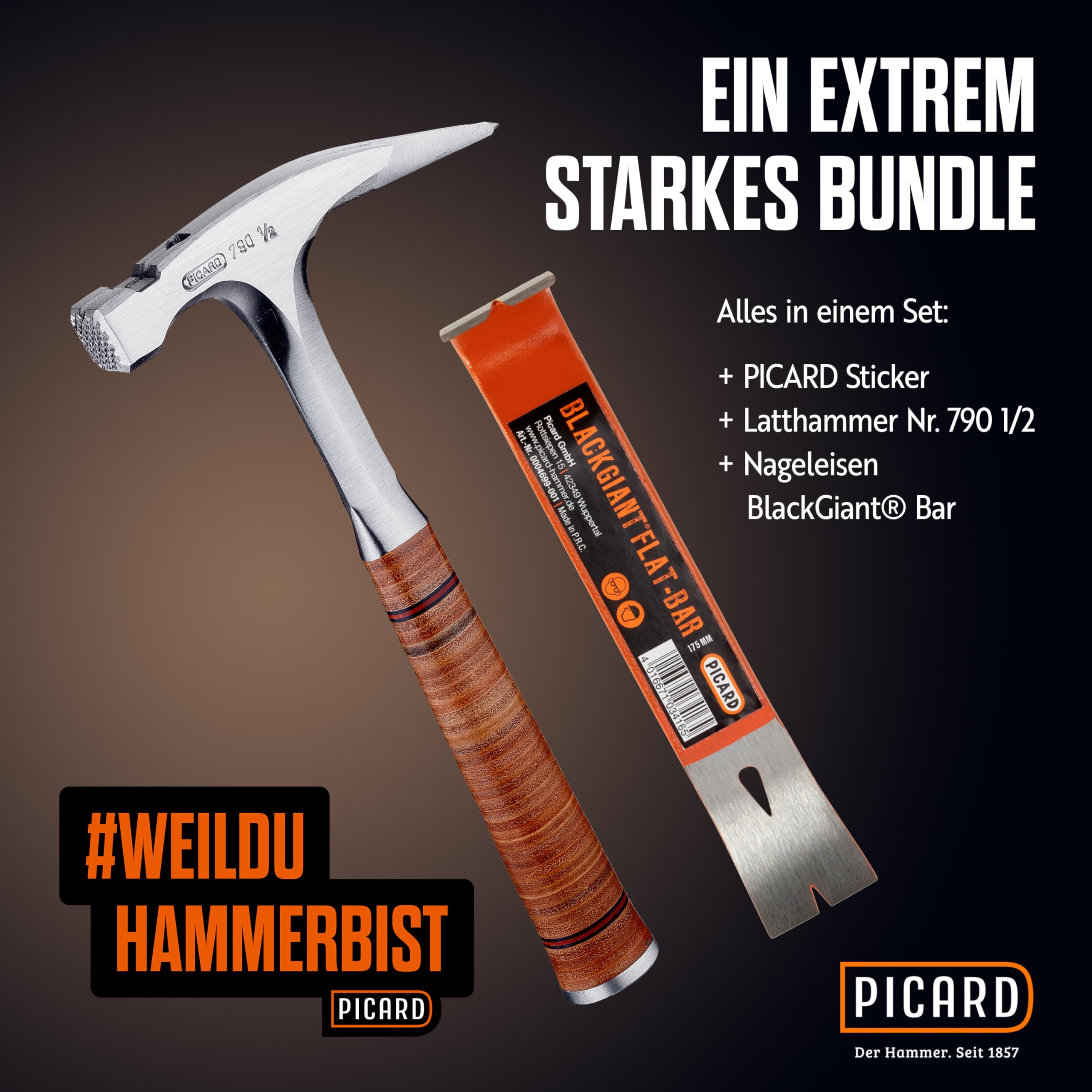 PICARD Martillo de carpintero Nº 790 ½ + Mini BlackGiant® + pegatinas, peso total de 800 g, banda rugosa, soporte magnético para clavos, protección contra la corrosión, mango de acero con mango de