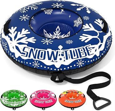 Goplus Inflatable Snow Tube, 42" Heavy-Duty Snow Sledding Tube with Detachable Tow Strap, Thickened Bottom, 3-in-1 Valve, Handles, Winter Outdoor Fun Toy for Kids & Adults, Christmas Birthday