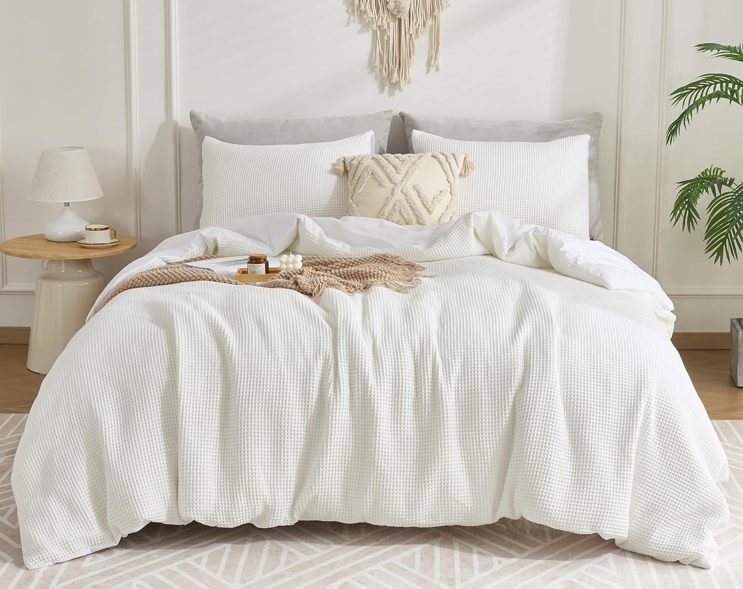 Chlophy Waffle Duvet Cover Queen Size - Cotton Bamboo Duvet Cover Set Queen White Textured Bedding Set for All Season, Boho Cooling Soft Breathable Luxury Durable, 3 Pieces, 90"x90"