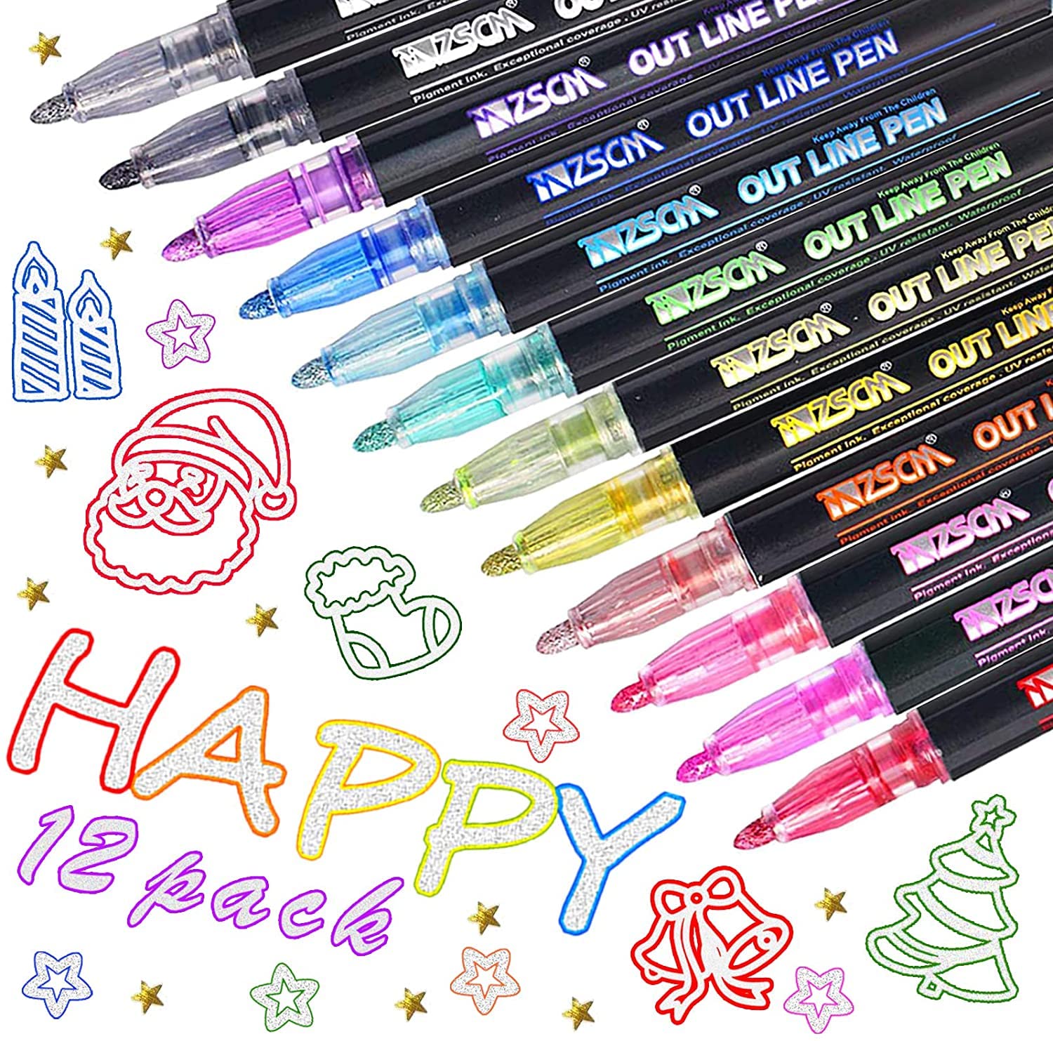 MSGH Double Line Outline Medium Point Pens, Shimmer, Self Outline Metallic Pens for Greeting Cards/Drawing/Craft Projects/Posters/Painting/Kid & Self Journal(12 Colors)-image-29