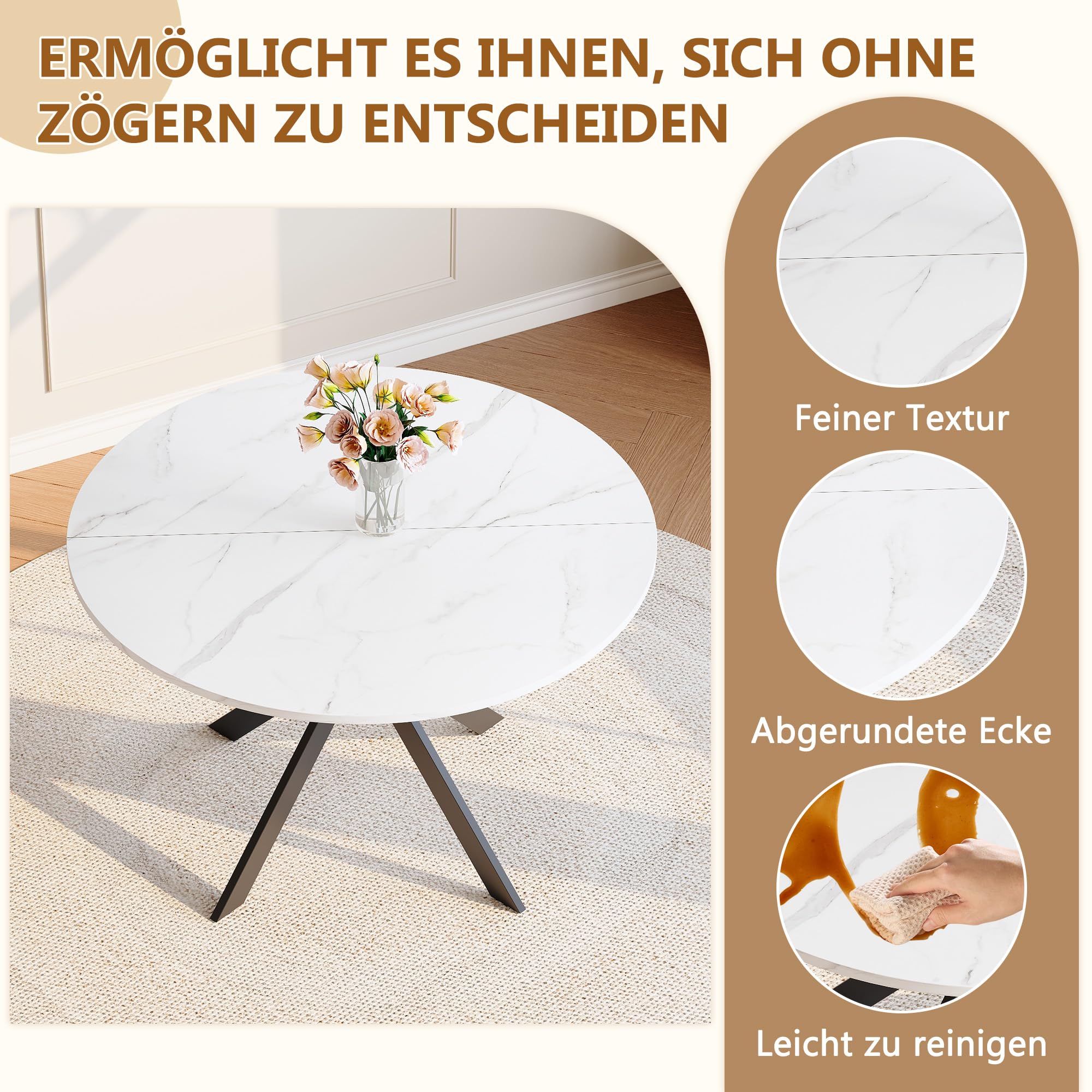HOMYLIN Ensemble de salle à manger 5 pièces avec table ronde en MDF de 110 cm aspect marbre blanc et 4 chaises pivotantes, table avec cadre en X noir, chaises en tissu beige pour cuisine et salle à