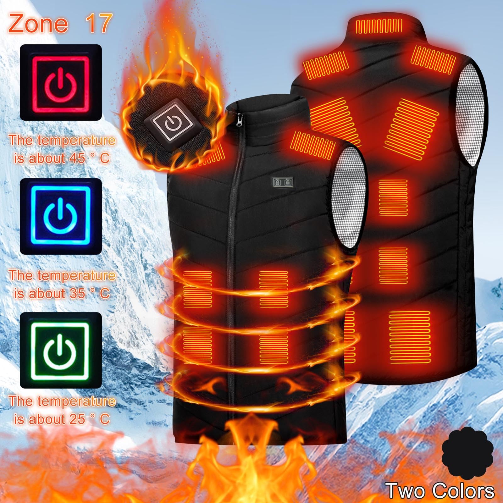 Gilet chauffant pour homme et femme, veste chauffante pour le corps, 17 zones de chauffage, veste chauffante avec 3 températures réglables, gilet chauffant rechargeable par USB, coupe-vent chauffant
