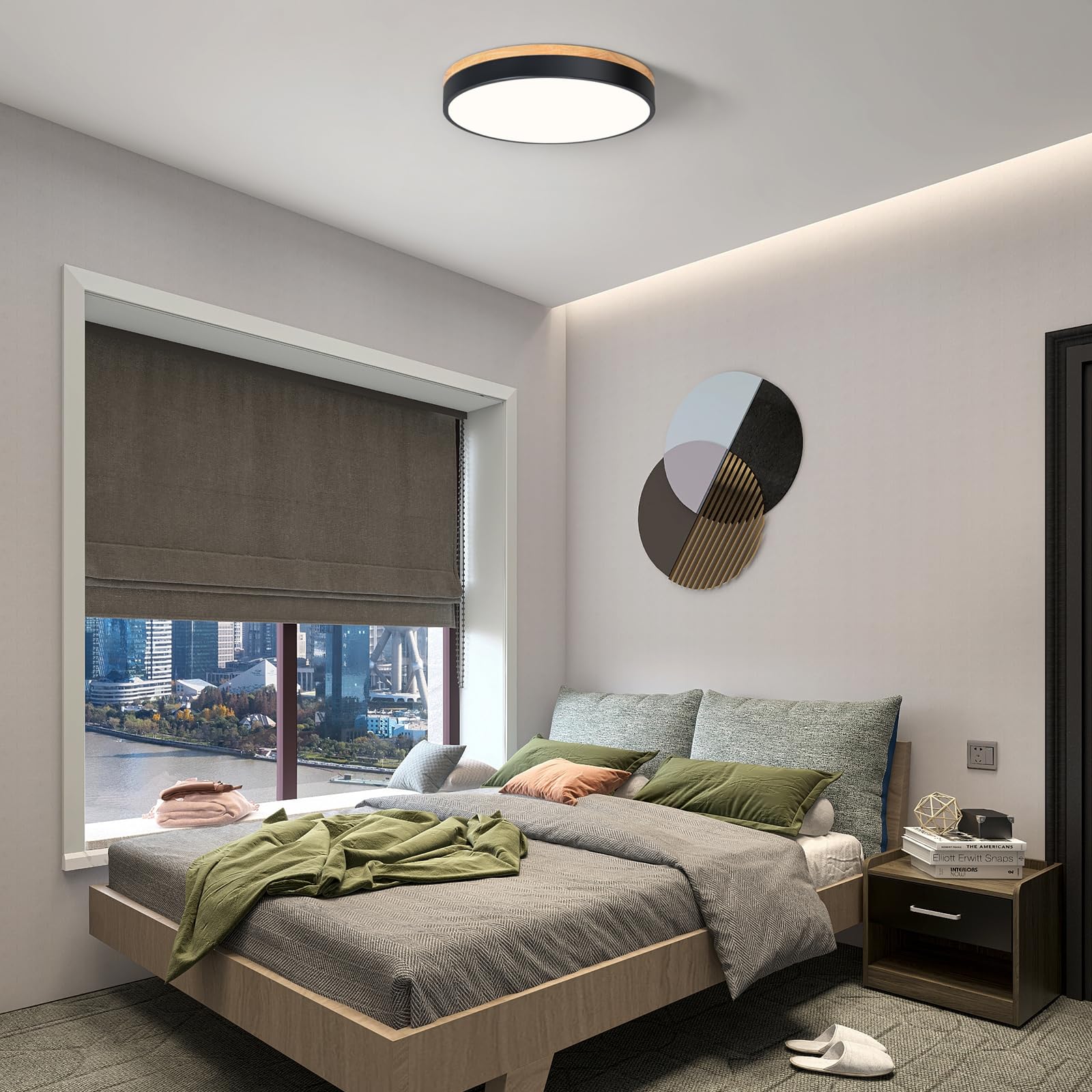 Plafon Led Techo, Plafon Techo Negro, 4000K, 36W, Ø40 cm | Moderna Lampara Techo Madera, para Dormitorio, Sala de Estar, Comedor, Cocina, Pasillo
