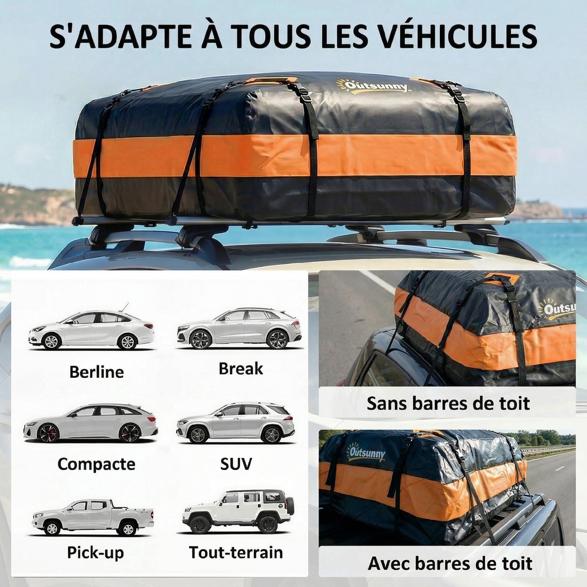 Outsunny Coffre de Toit de Véhicule 425 L, Intempéries, 8 Sangles Renforcées, 4 Crochets de Portes, Cadenas Antivol, Tapis Antidérapant, Sac de Toit Voiture pour Tous Véhicules avec/sans Barres