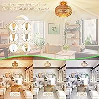 Vista 6 de Lámpara de techo de ratán, 3 luces de latón antiguo de 12.6 pulgadas, tejida a mano, estilo bohemio, semiempotrada, para dormitorio, cocina, sala