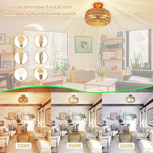 Miniatura 6 de Lámpara de techo de ratán, 3 luces de latón antiguo de 12.6 pulgadas, tejida a mano, estilo bohemio, semiempotrada, para dormitorio, cocina, sala de