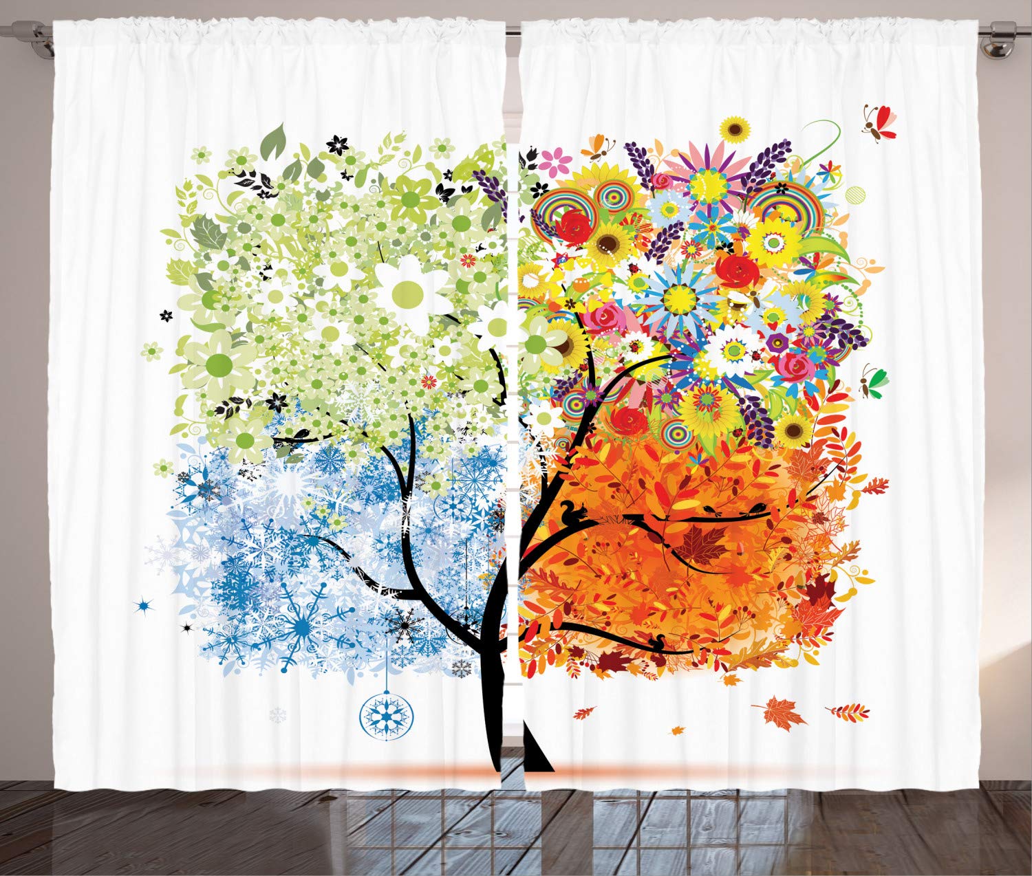 Ambesonne Tree Curtains, Seasonal Tree Branches with Flowers Spring Summer Autumn Winter Growth Theme Artwork, Living Room Bedroom Window Drapes 2 Panel Set, 108