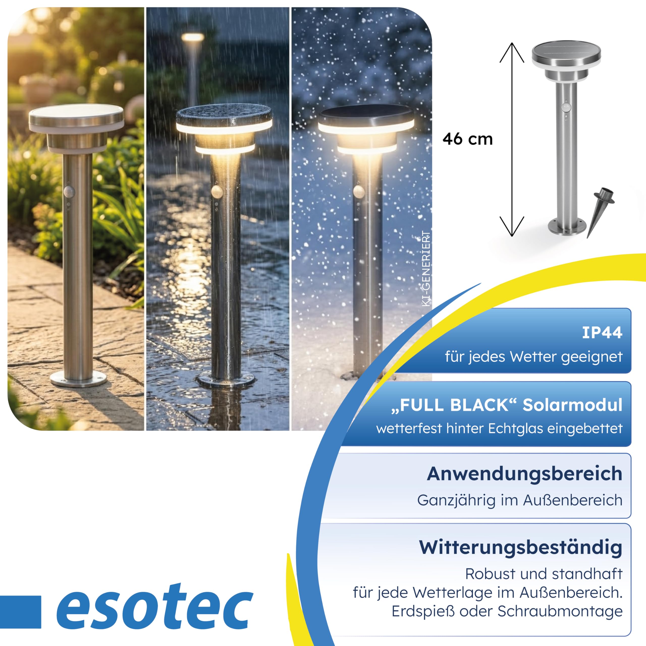 esotec Solar Wegeleuchte Modena 45 cm mit Bewegungsmelder, Solarleuchte für Außen Garten, LED Gartenbeleuchtung Solar 600 lm, warmweiß, IP44, 102754