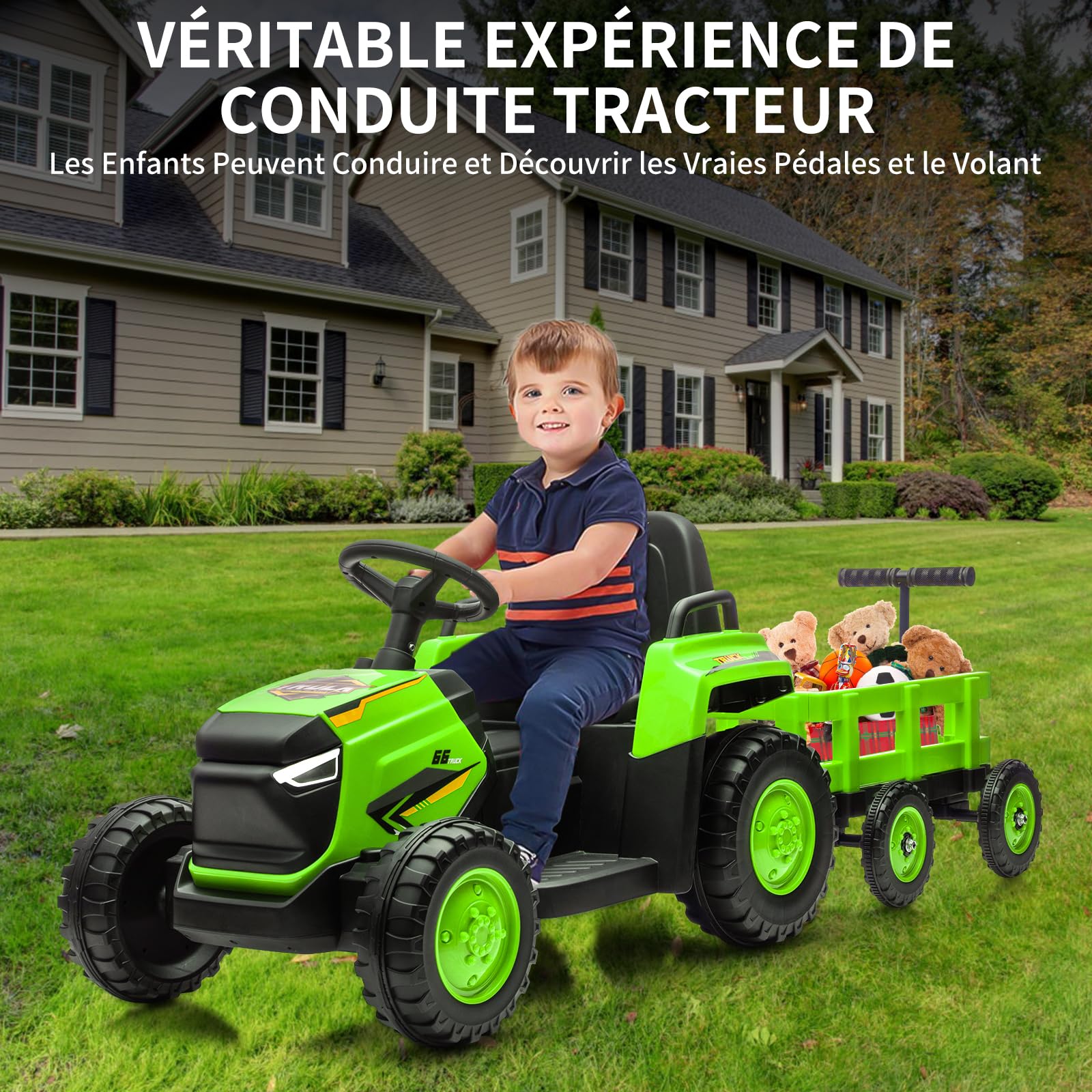 12V Kinder Elektrotraktor mit abnehmbarem Anhänger – 6 Räder, Doppelmotor, LED-Lichter, Musik & Hupe, 2,4G Fernbedienung, Sicherheitsgurt, 3 Geschwindigkeiten, wiederaufladbare Batterie –