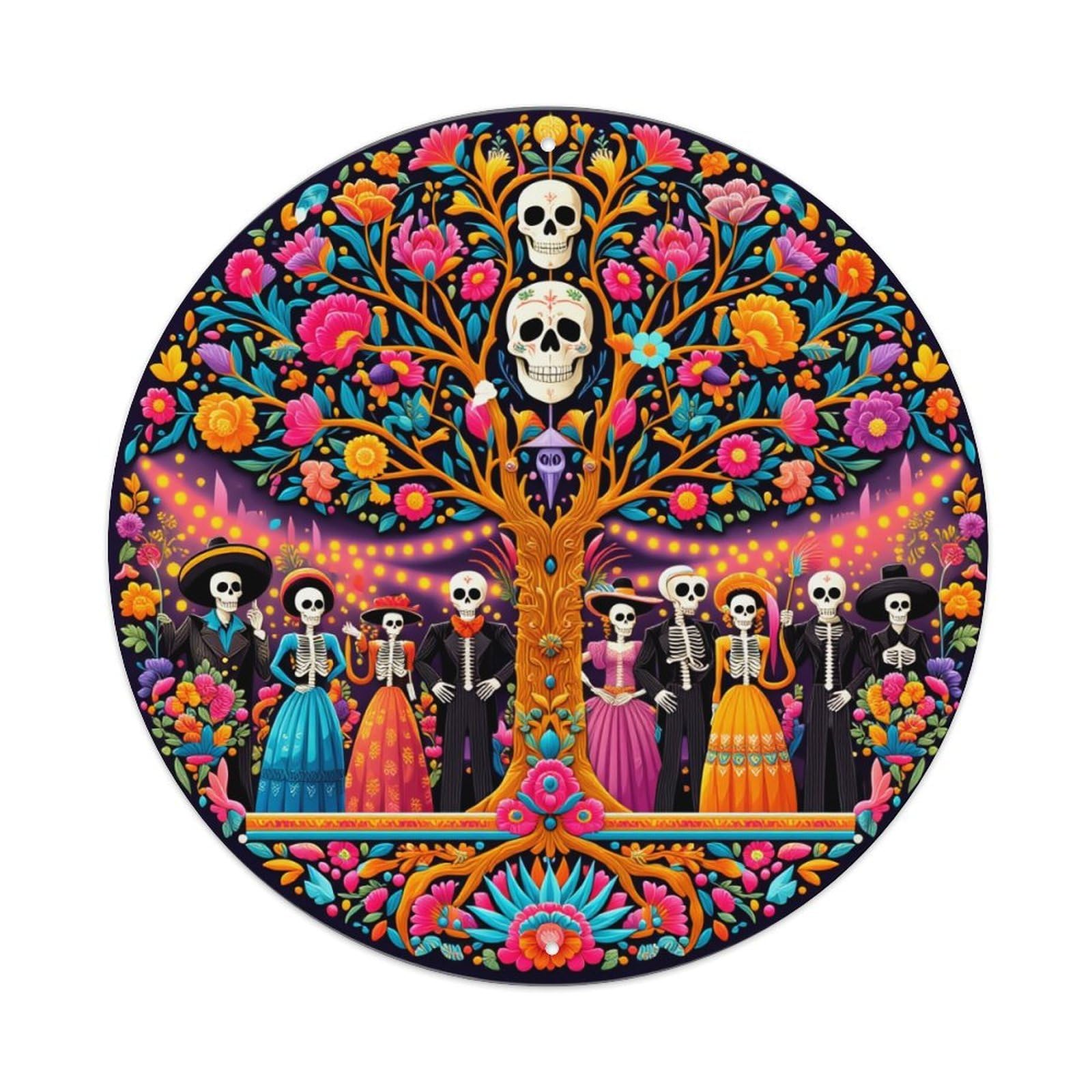 Day Of The Dead Tree_1 Round Tin Sign Vintage Metal Poster, Home Bar Garage Man Cave Cafe Indoor & Outdoor Wall Decoration 8x8Inches
