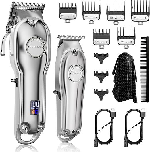 SUPRENT® PRO Professional Hair Clippers for Men- Hair Cutting Kit & Zero Gap T-Blade Trimmer Combo- Cordless Barber Clipper Set with LED Display for Mens Gifts (Silver)