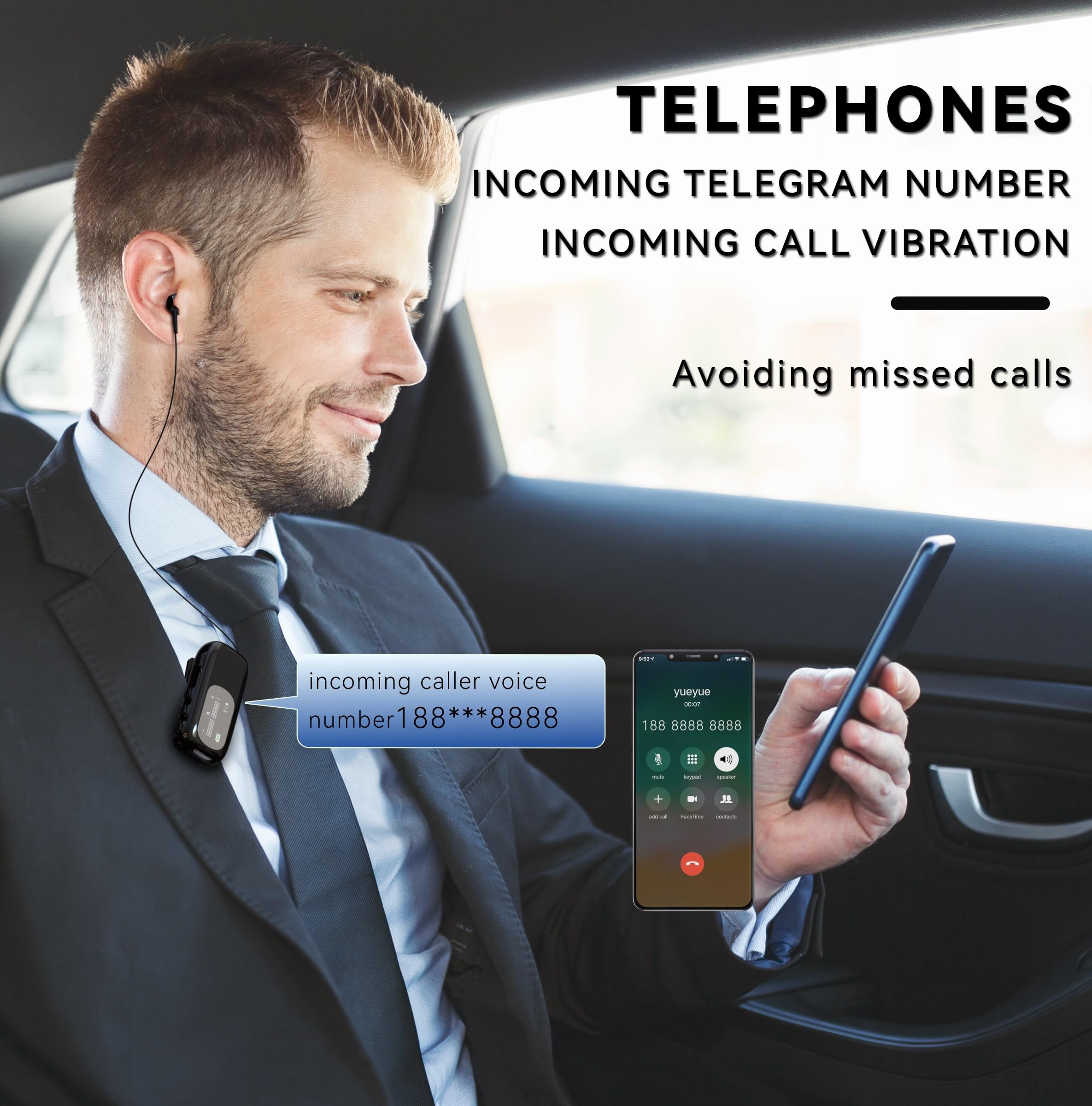 Bluetooth Business Headset mit Einziehbarem Kabel, Kabelloses Headset mit Mikrofon, Kabelloses Lavalier-Headset mit LCD-Display, Bluetooth 5.4, Verbindung zu 2 Mobiltelefonen (Schwarz)