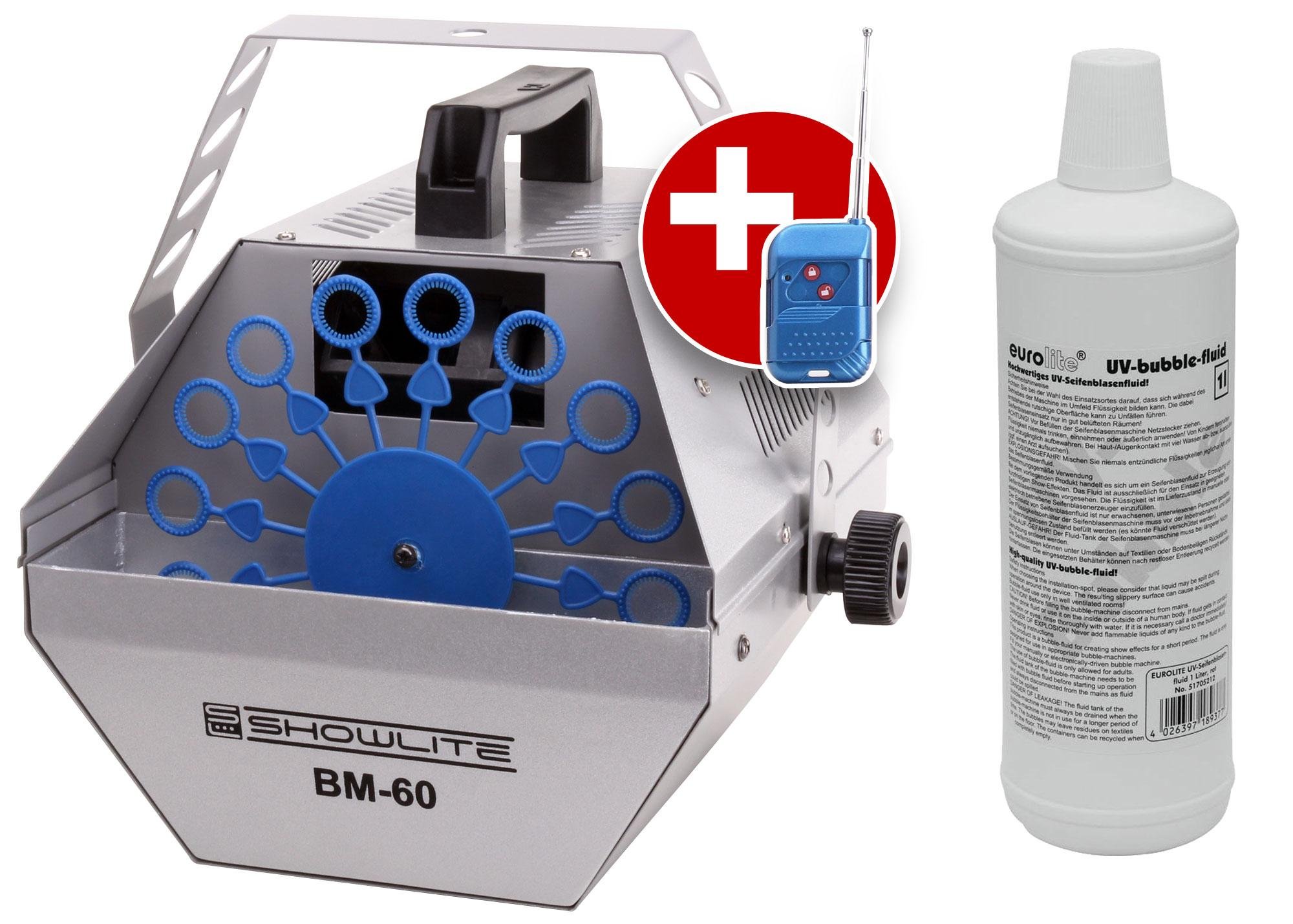 Showlite BM-60 Seifenblasenmaschine 60W mit Funk Fernbedienung und 1L Eurolite UV-Fluid rot (0,6l Tank, 2-3 Stunden Laufzeit bei vollem Tank, Party Effekt, Disco Bubbles)