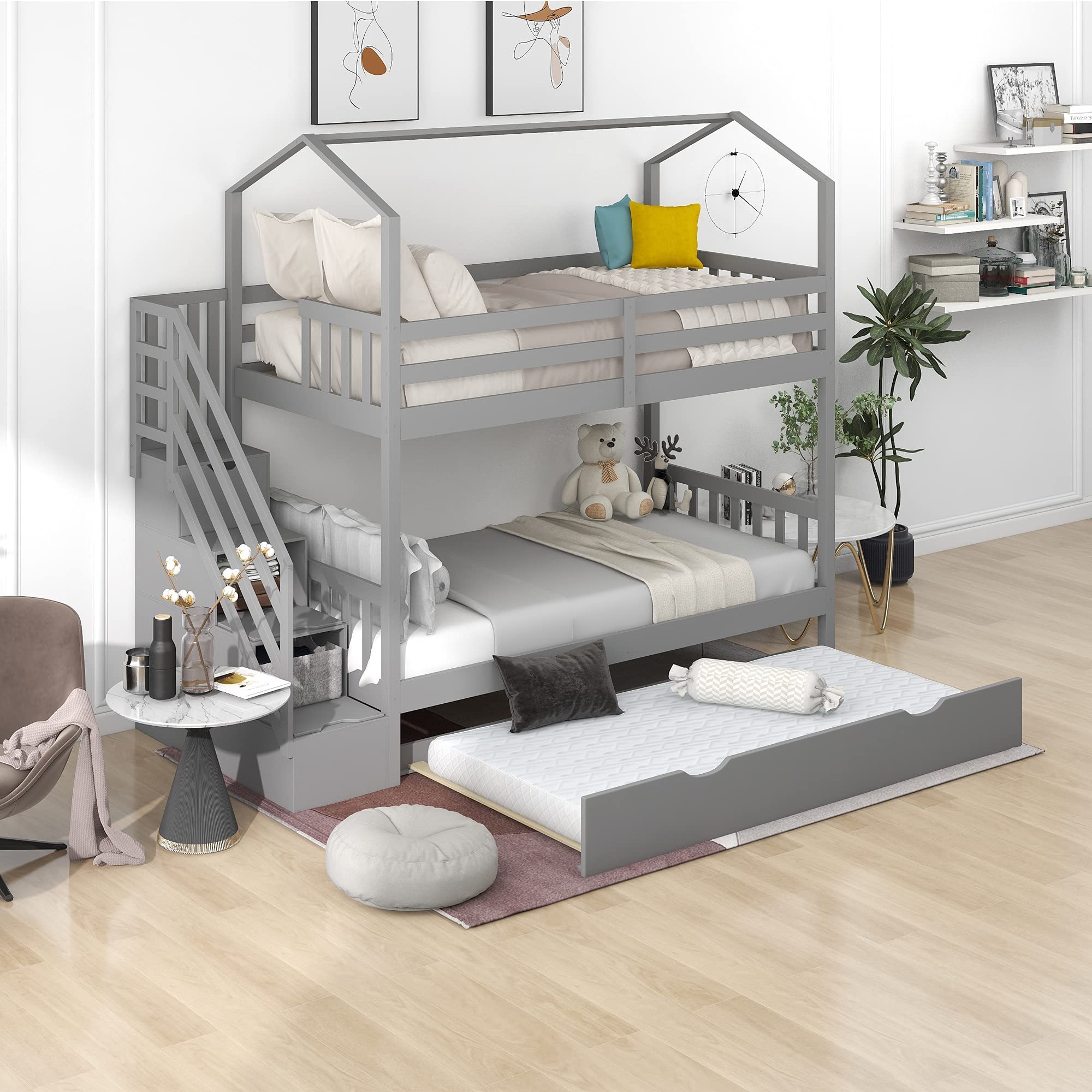 Actual Soild Wood Staircase Bunk Bed with Trundle, Twin Over House Storage Staircase/Roof/Guardrails, Wooden for Kids/Teens, Can Accommodate 3 People (Gray+Wood+Bunk Bed)