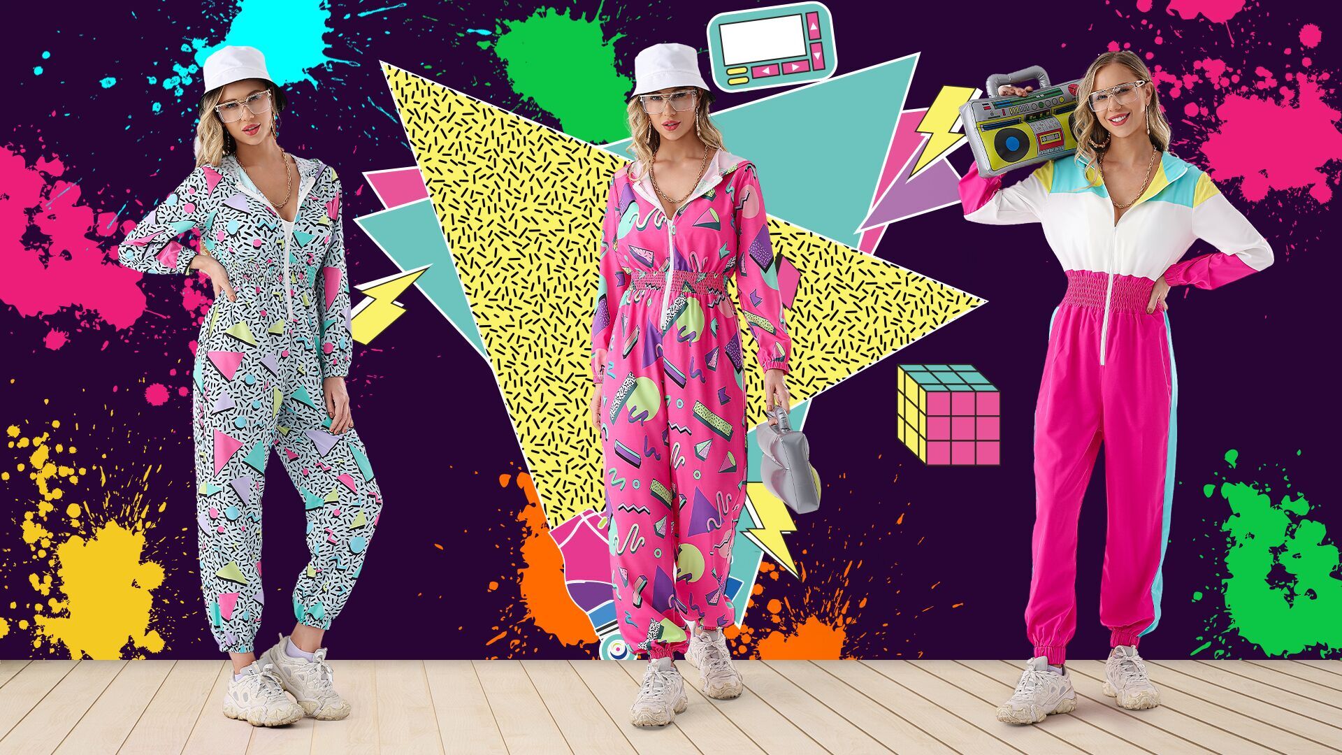 80er 90er Jahre Outfit Jumpsuit Damen, Trainingsanzug Overall Hoodie, Jogginganzug mit Aufblasbarer Ghettoblaster Hut Gläser Halskette Ohrringe,Karneval Fasching Mottoparty Kostüm