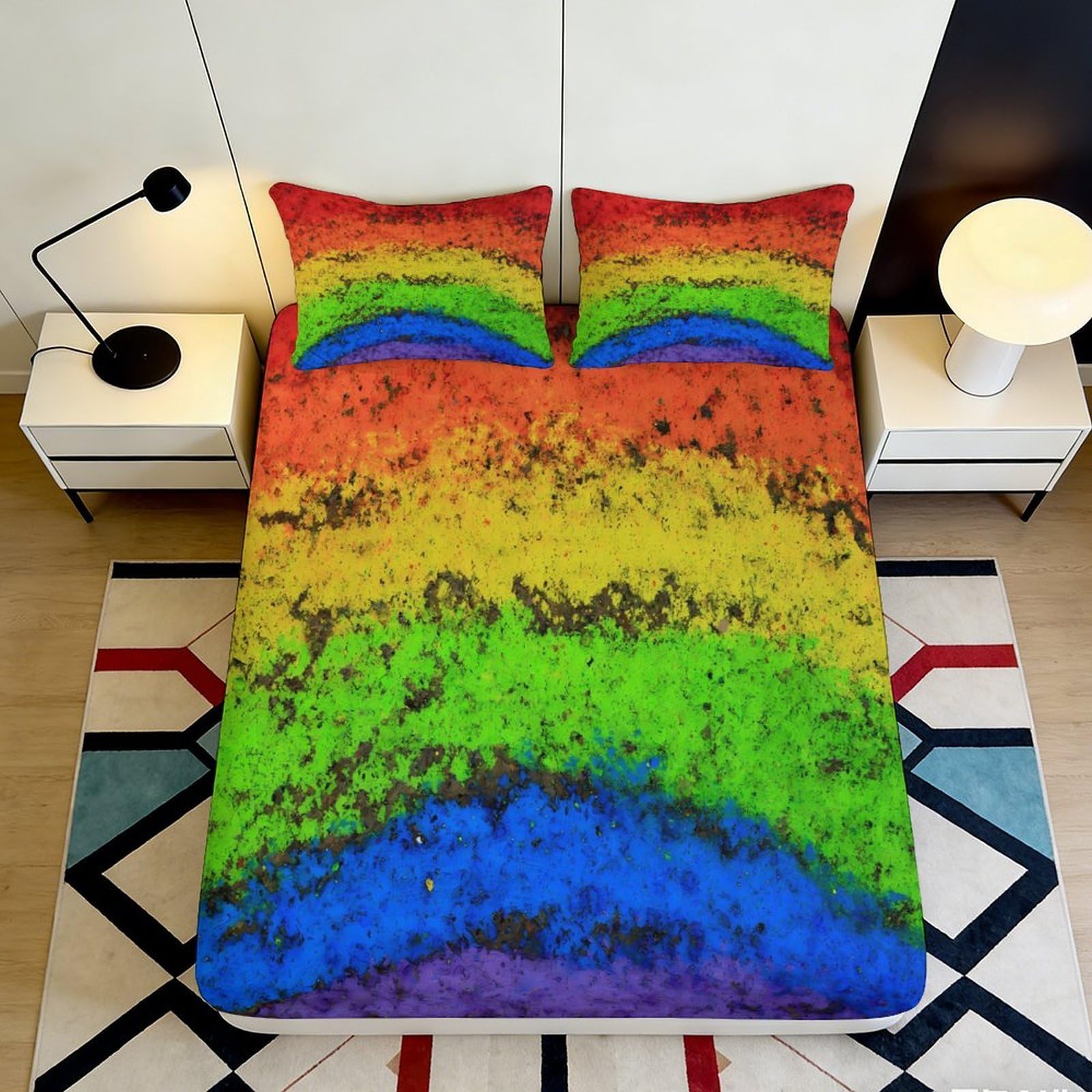 3D Printed Rainbow Abstract Fitted Sheet Microfiber Non Slip Gradient Art Bed Sheet for Bedroom Guest Room Decor 90x200x25cm