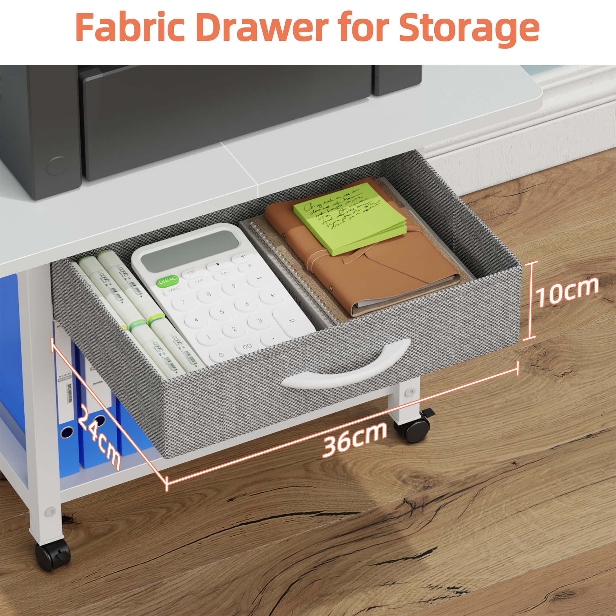 Mesa para Impresora con Ruedas - Mueble Soporte para Impresora 2 Niveles con Cajón, Estantería de Oficina para Fax/Scanner/3D, Blanco