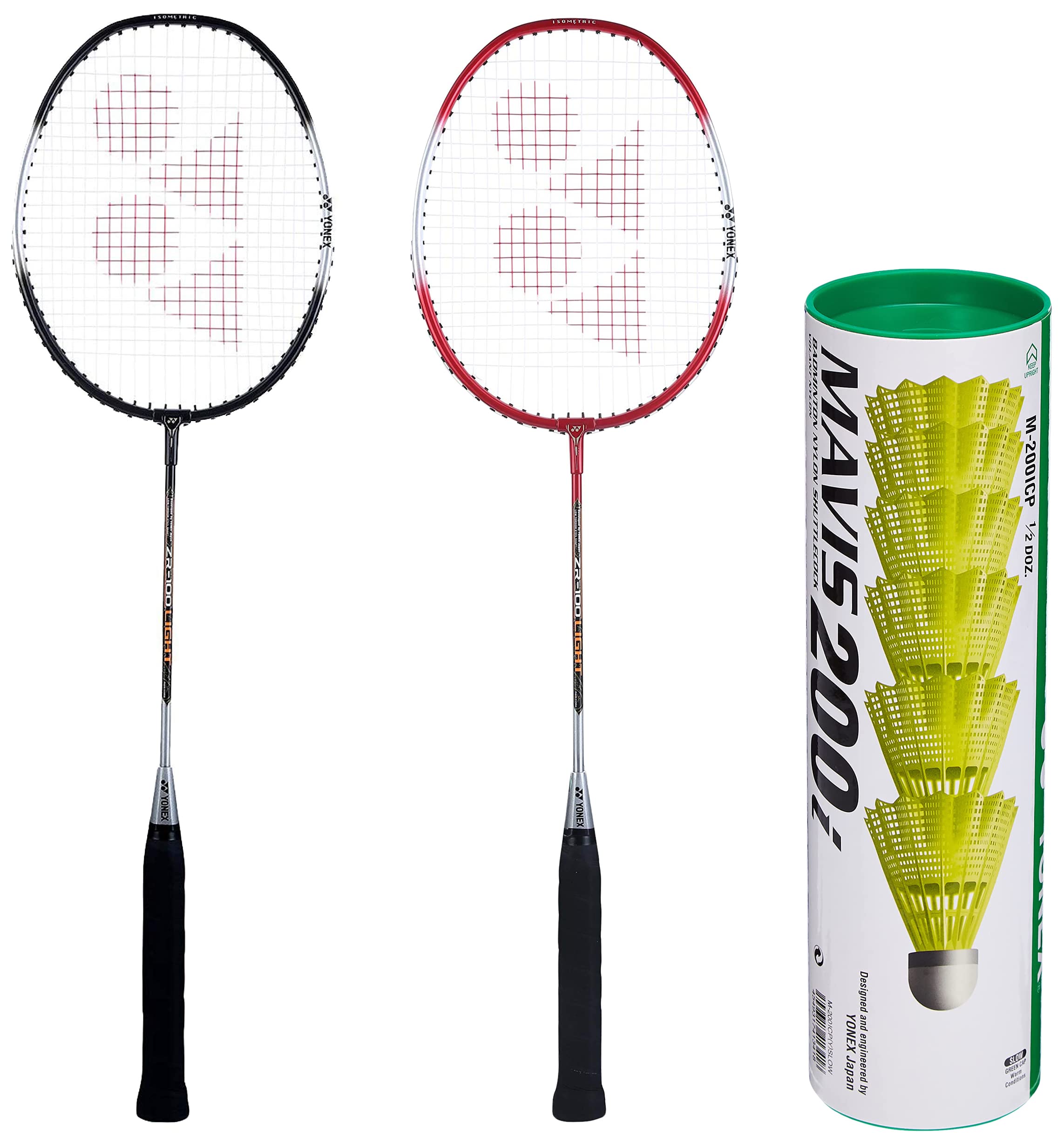 ZR 100 Light Aluminum Blend Badminton Racquet with Full Cover, Set of 2 (Black/Red) & Mavis 200i Nylon Shuttle Cock, Pack of 6 (Yellow)