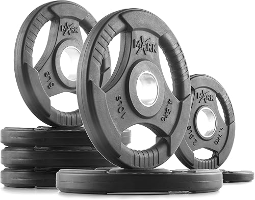 Miniatura 12 de XMARK TRI-GRIP - Par o juego de discos de peso olímpicos, pesas de ejercicio con revestimiento de goma para barra olímpica, juego de pesas de 01)