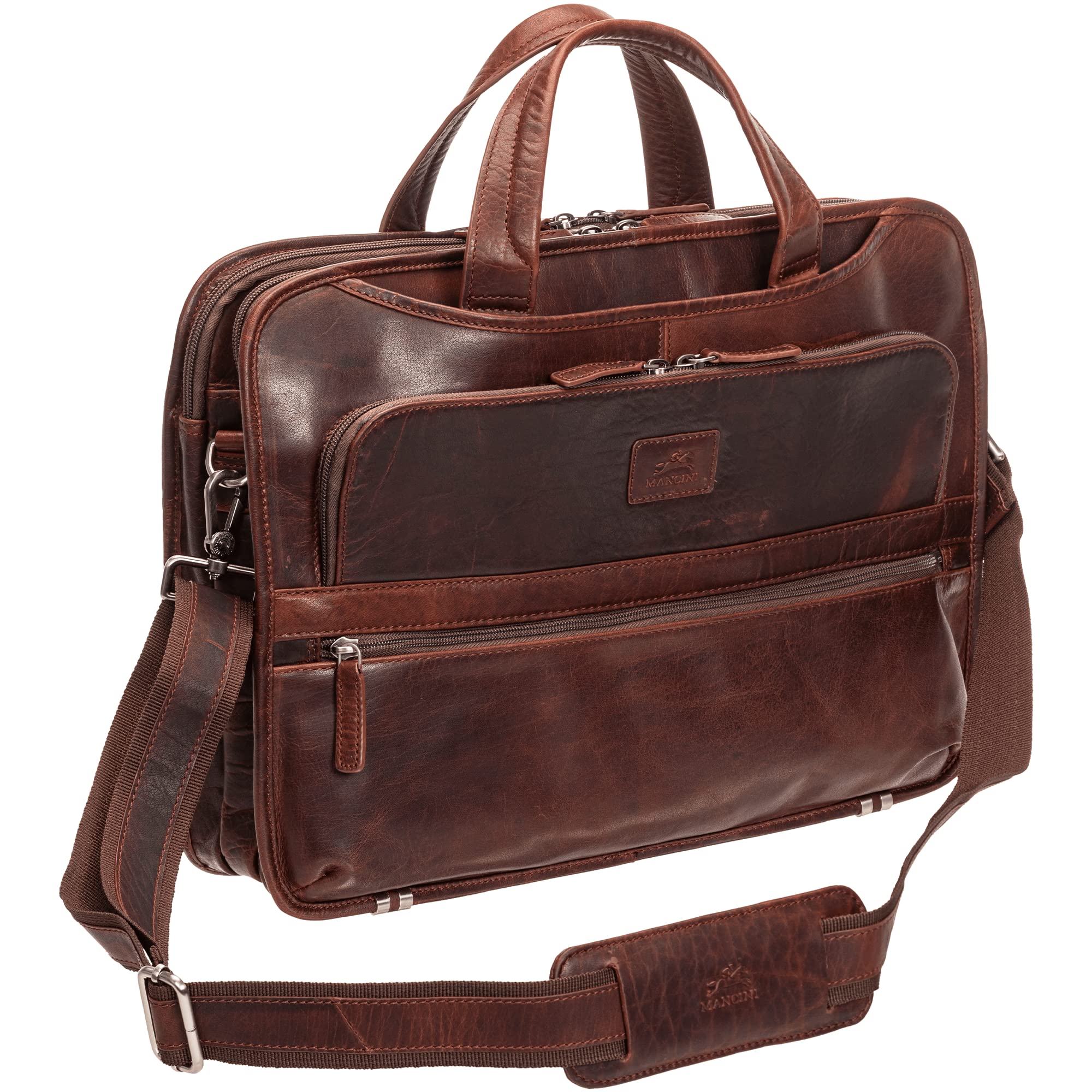 Mancini Buffalo Triple Compartment Briefcase for 15.6” Laptop/Tablet, Brown