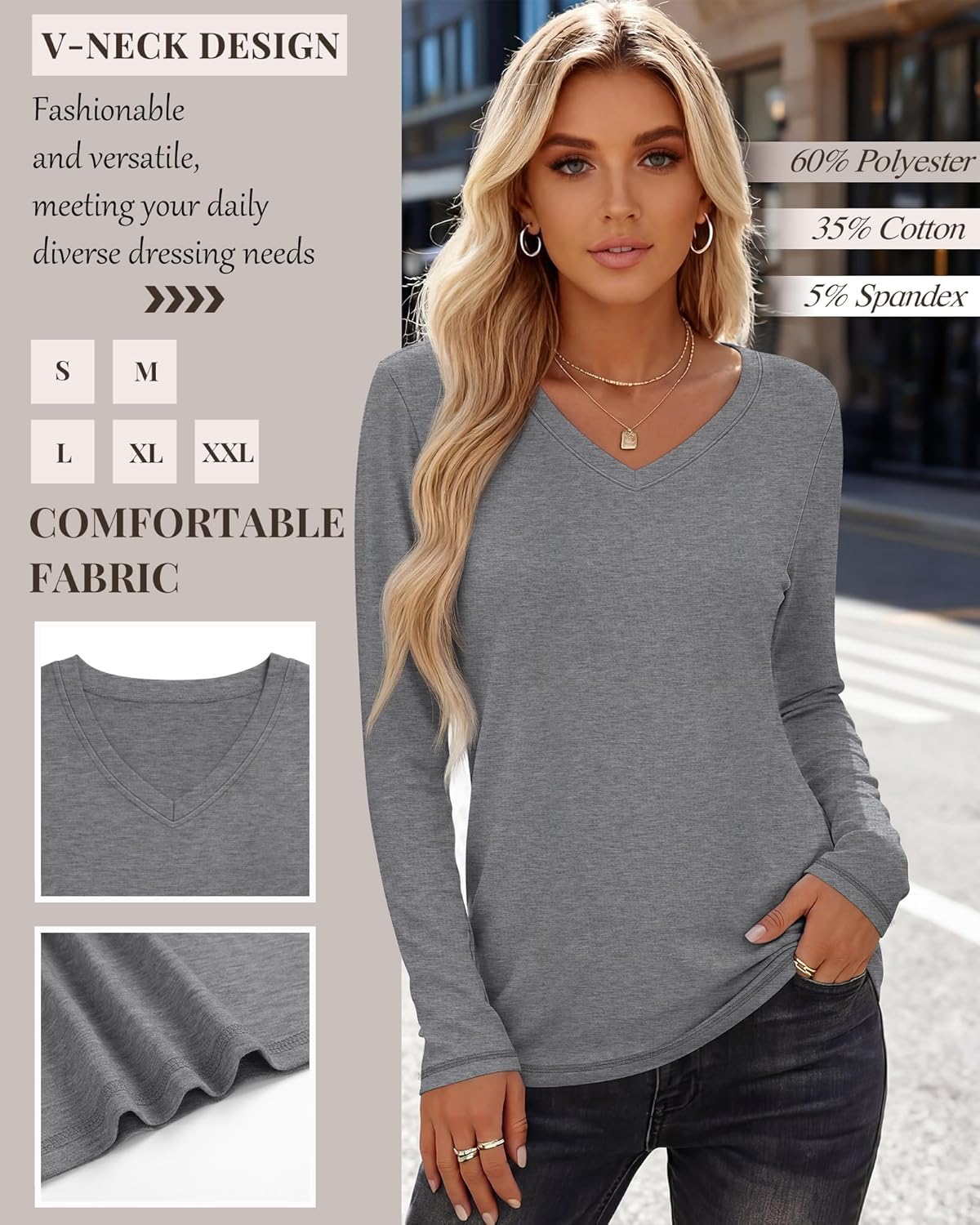 Neer 5 Pack Women's Long Sleeve Shirts, V Neck Tops Loose Fit Basic Tees Solid Trendy Fall Casual Blouses - Image 4