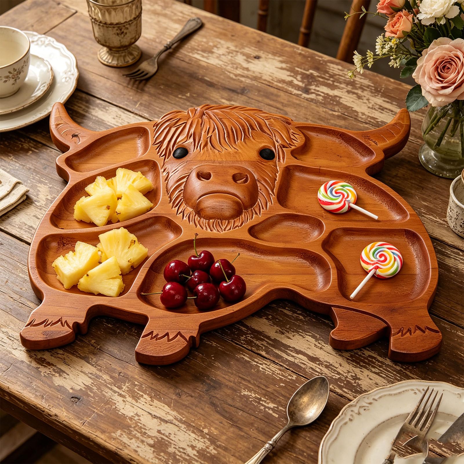 SIXRUN Tabla de Embutidos, Fuente de Madera de Pino para Servir Vaca con Detalles Tallados a Mano, Compartimentos Divididos, 11,8 X 13 X 1,0 Pulgadas para Mesa de Fiesta de Refrigerios de Frutas,
