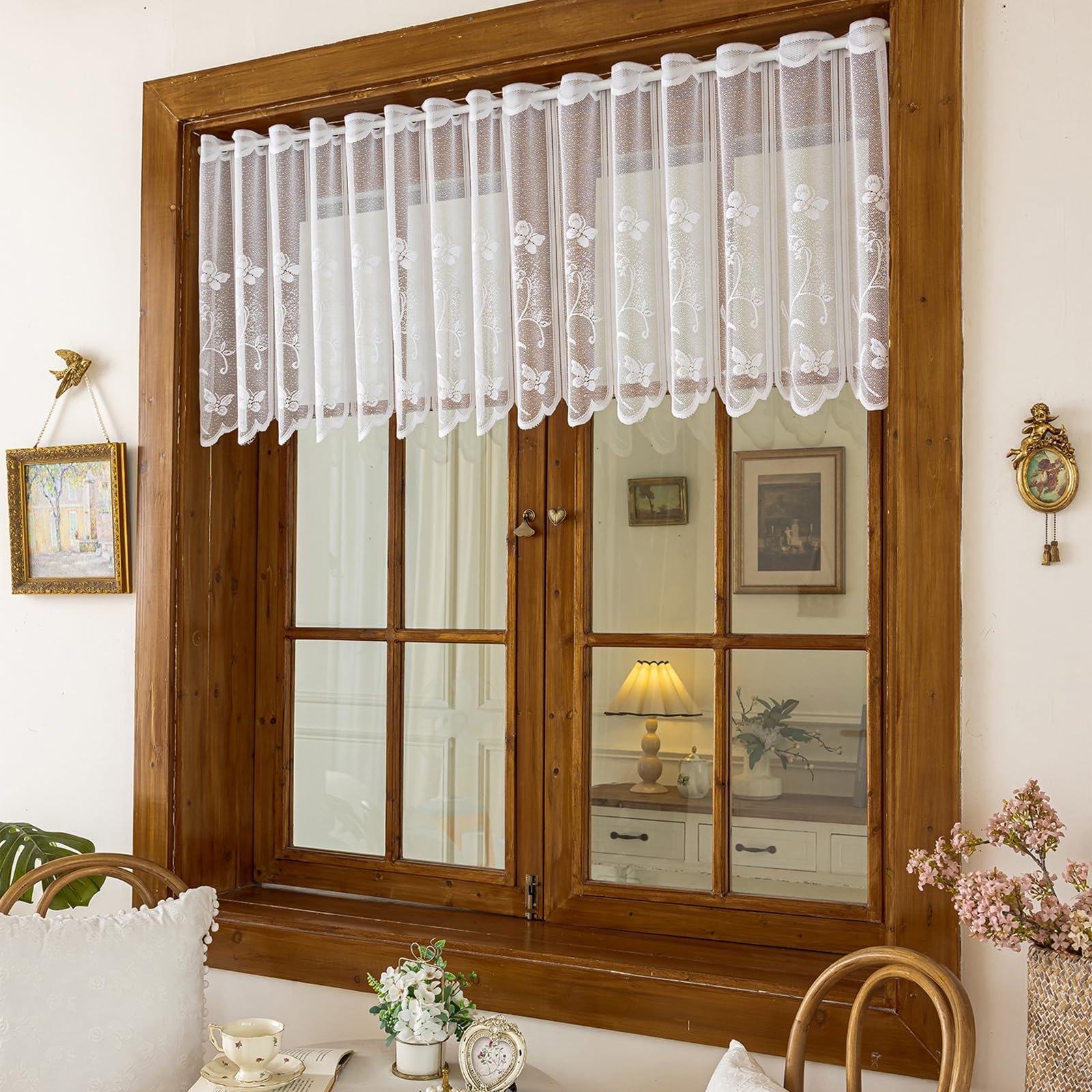1er Pack Halbtransparent Besticke Weiß Blumen Schmetterling Scheibengardine Küchen Vorhang Tür Gardine HxB 60x180cm