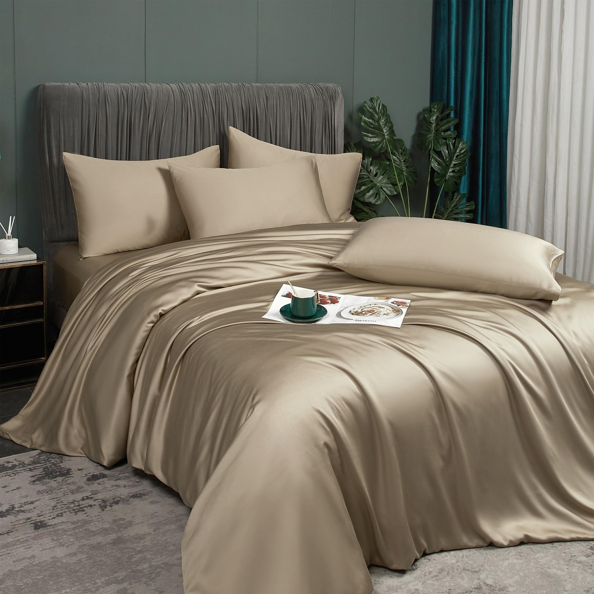 Luofanfei Housse de Couette Bambou 220x240 Taupe Kaki Adulte 2 Personnes Lyocell Parure Linge de lit Uni Soie Lisse Soyeux Brillant Modern Housse Couette Ensemble Literie avec Fermeture éclair