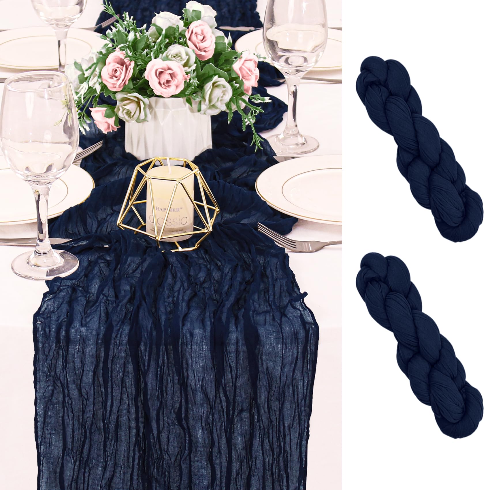 2 Pack 120 Inch Navy Blue Cheesecloth Table Runner Boho Rustic Gauze Sheer Romantic 10 FT Long Cheese Cloth Table Runner for Bridal Baby Shower