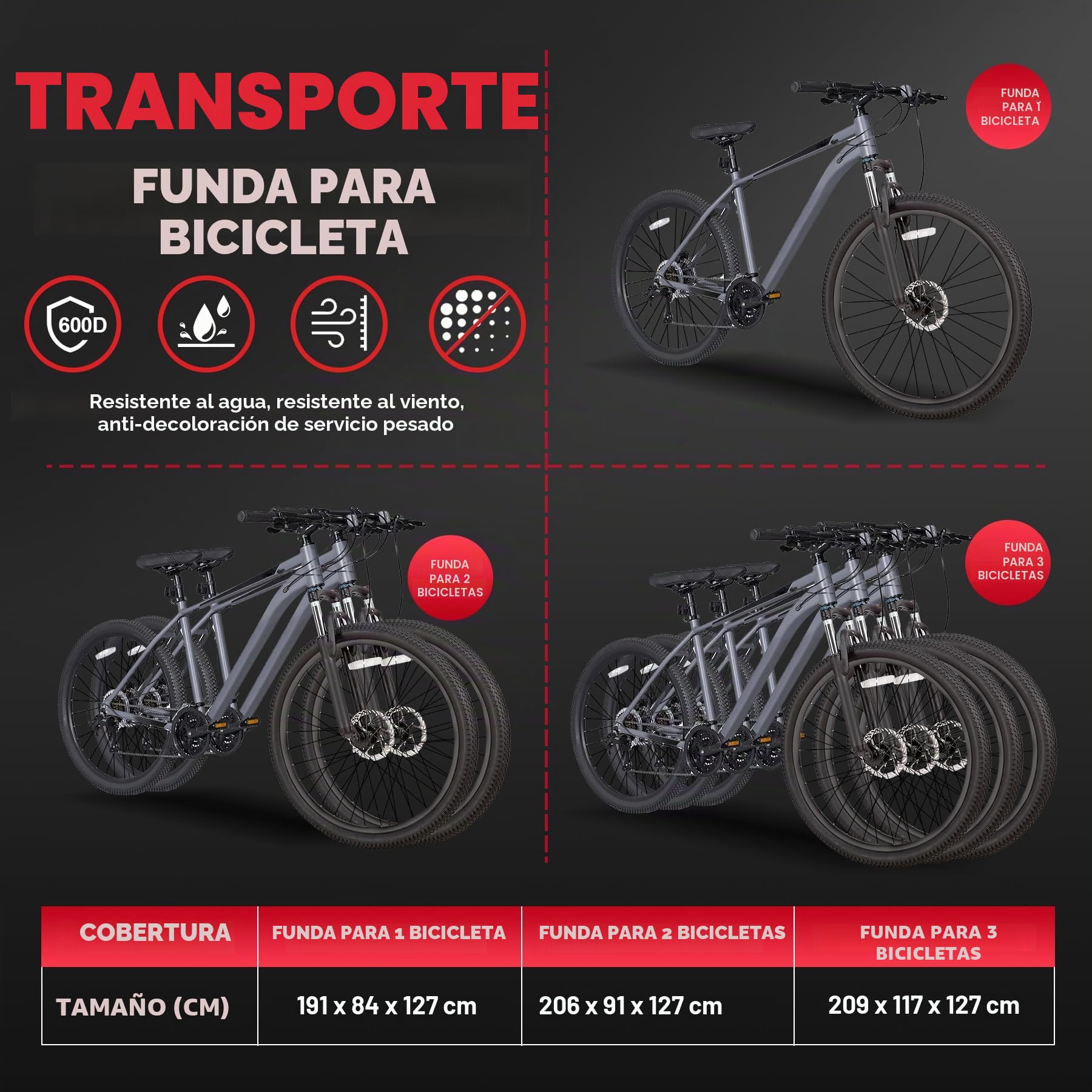 Zettum Funda de Transporte Exterior para 2 Bicicletas, 600D Oxford Funda de bicicleta de Cobertura Total, Resistente e Impermeable Funda Protectora para Bicicleta en el Portabicicletas Trasero
