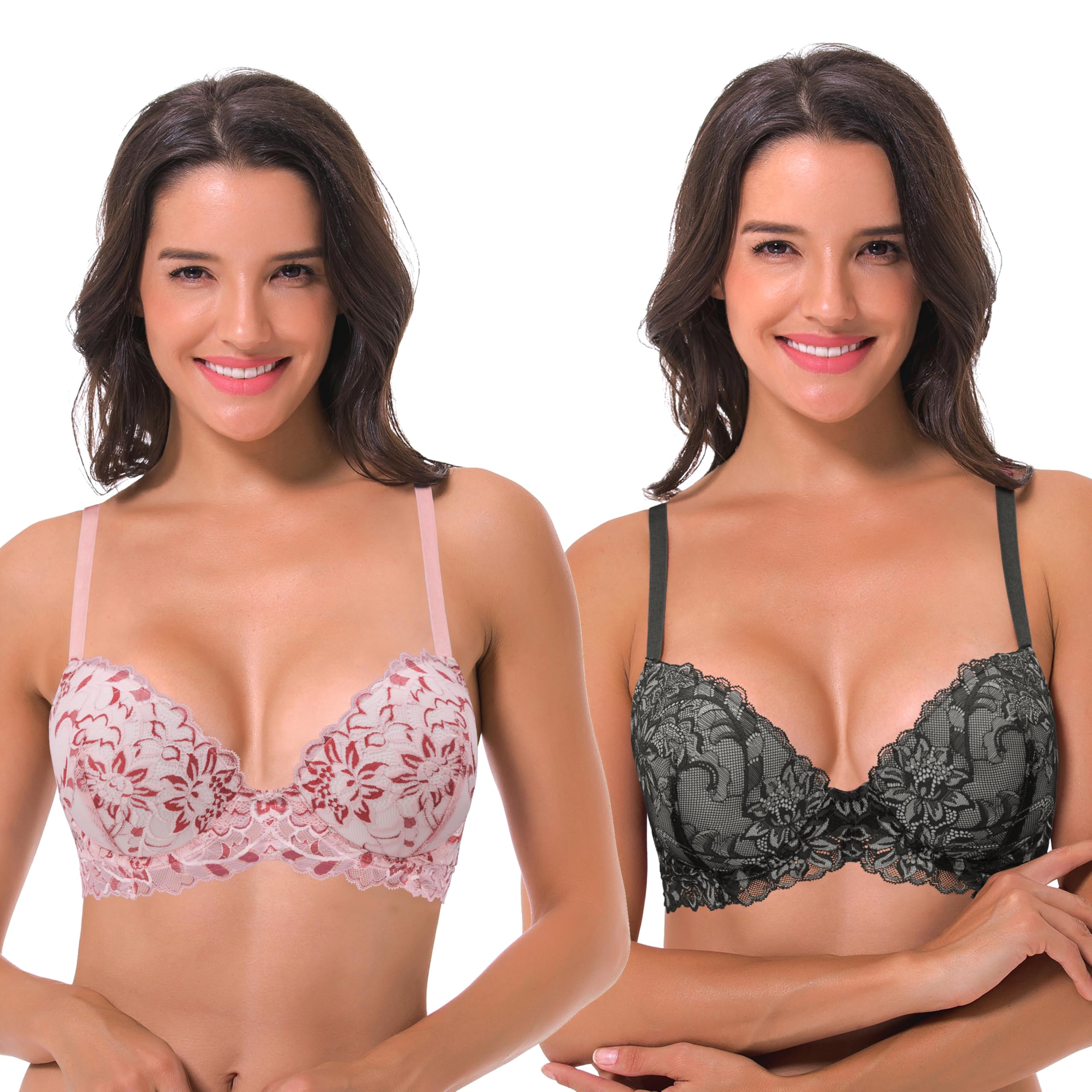 Curve Muse con Aros para Mujer, Talla Grande, Push up, Sujetadores de Encaje con Copa y Media- Paquete de 2