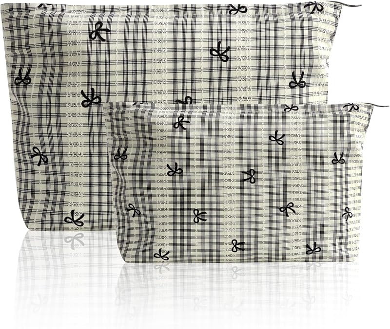 Necessaires de maquiagem Wudygirl com laço xadrez branco, pacote com 2